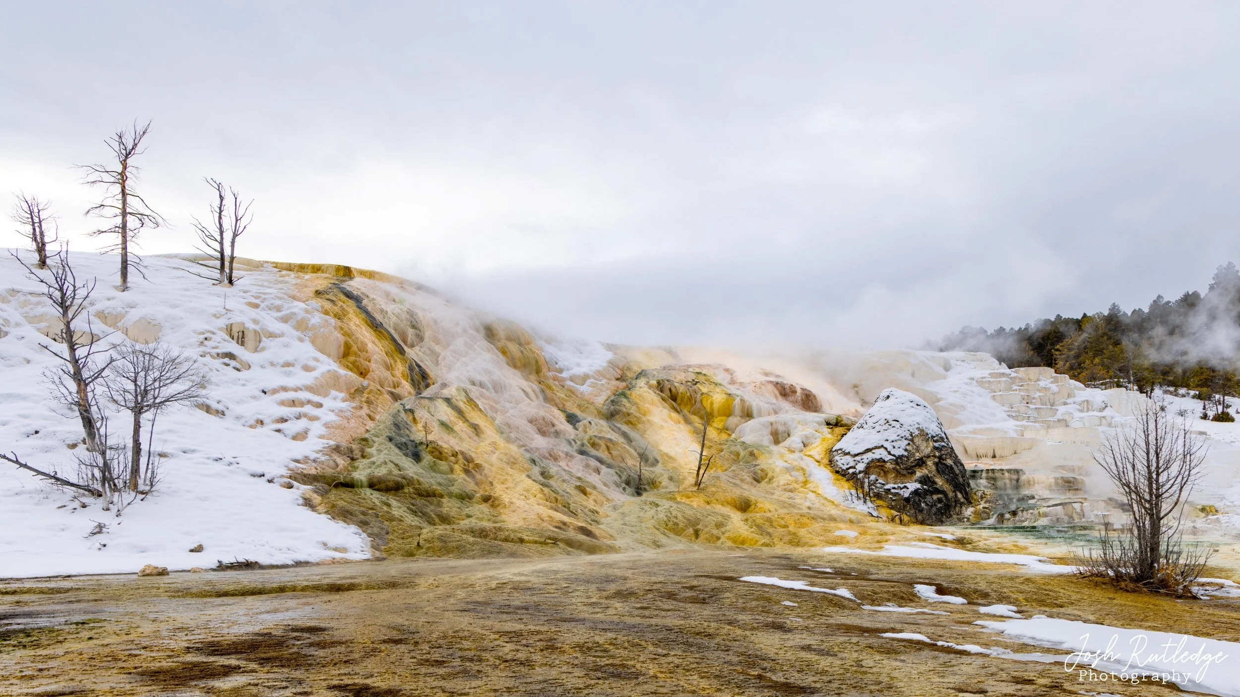 Snowy scene of the terraces at Mammoth Hot Srings