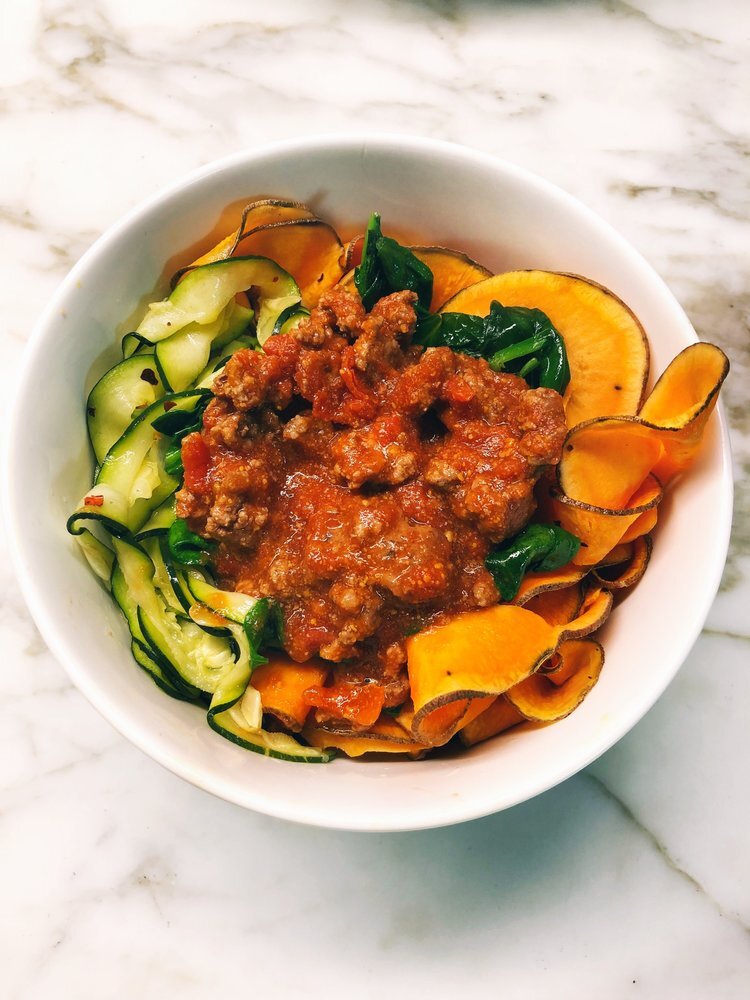 Sweet Potato Noodles with Spicy Meat Sauce