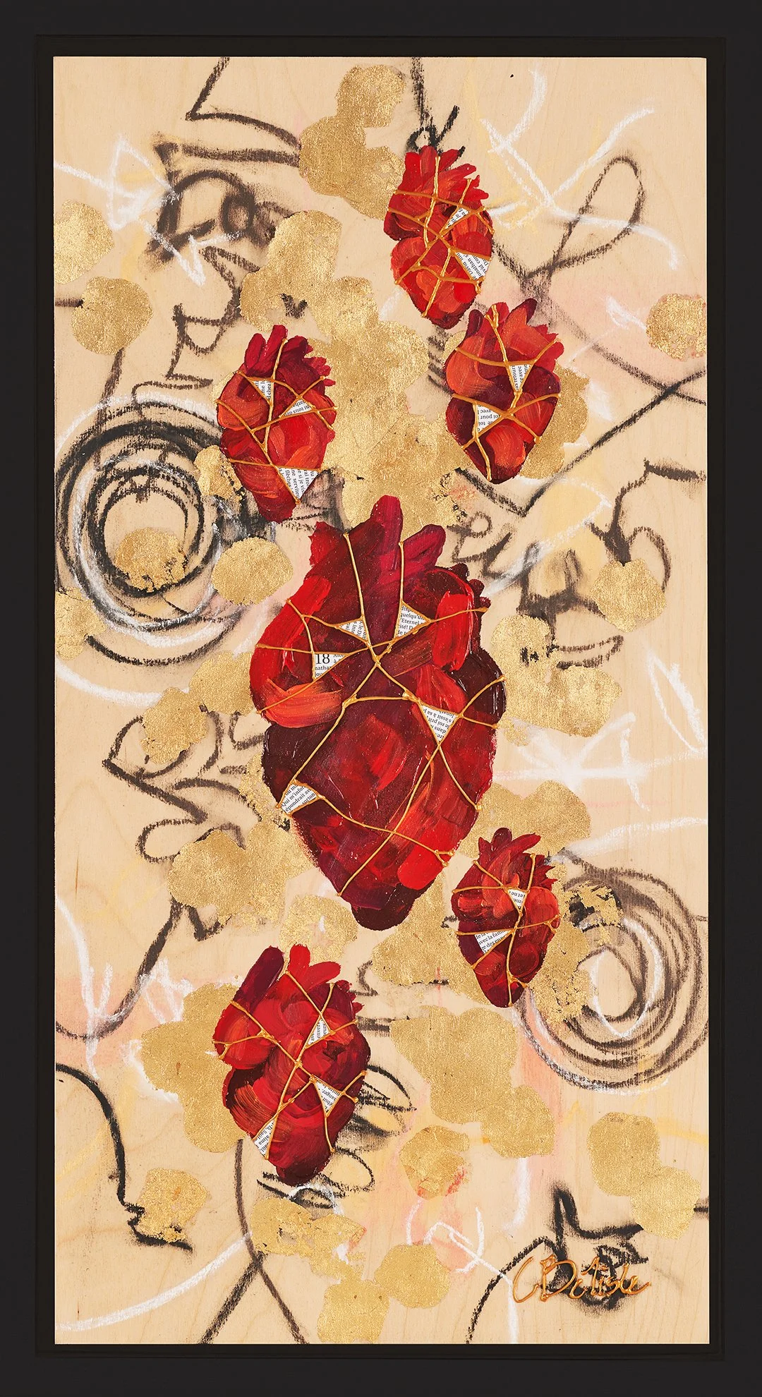 Mixed media artwork featuring red, heart-shaped objects wrapped with yellow string, against a background of gold leaf accents and abstract black and white chalk-like drawings.