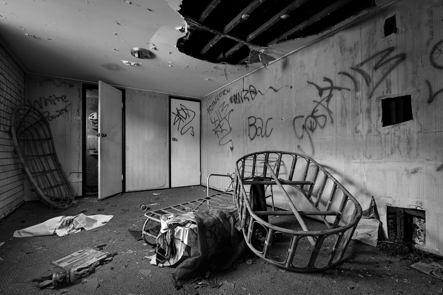 A room in an abandoned house destroyed by fire