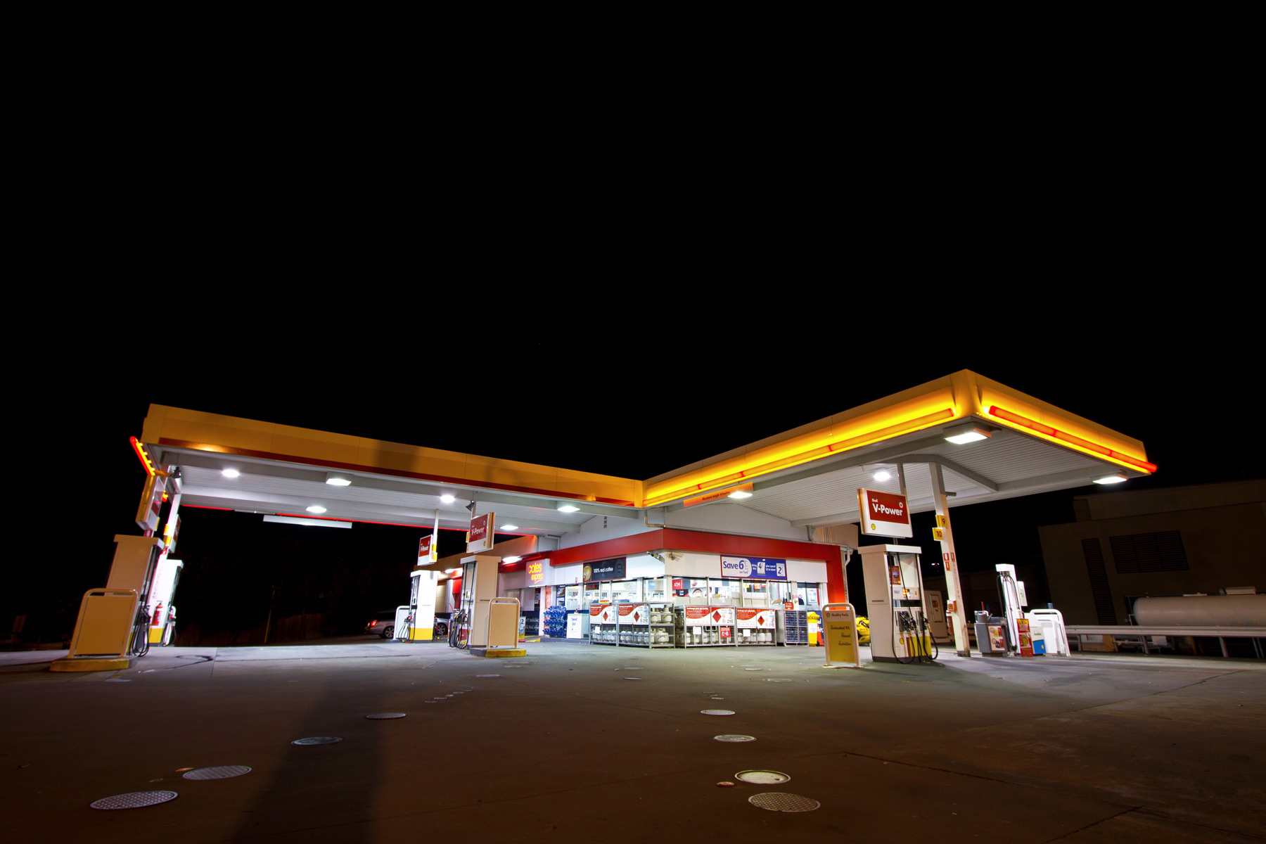 A service station at night in Bulimba, Brisbane