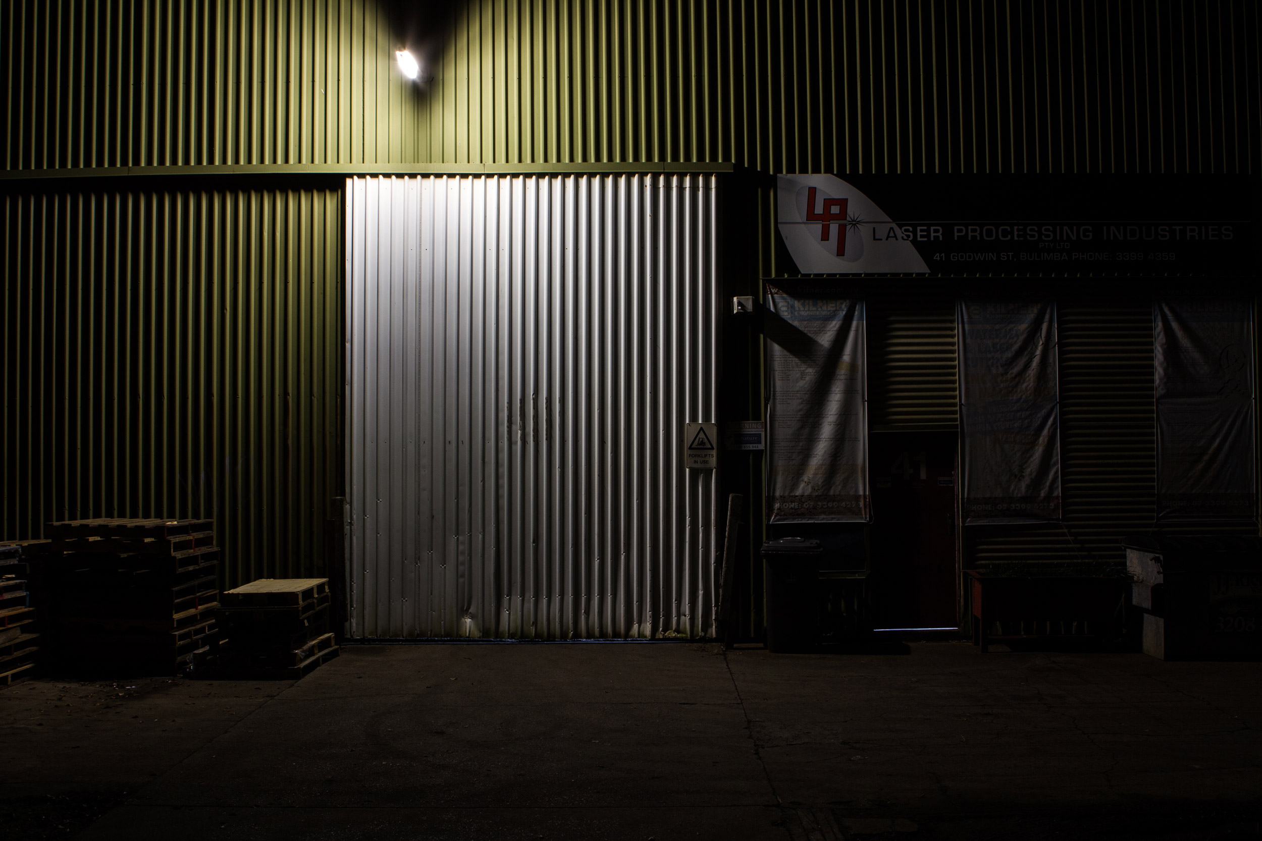 A warehouse at night in Bulimba, Brisbane