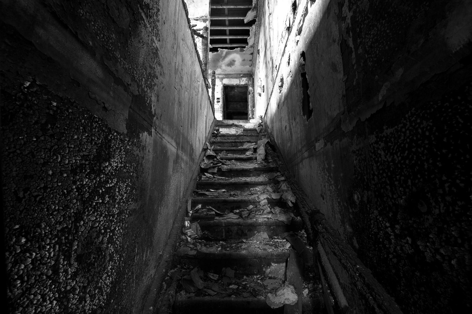 The staircase of an abandoned house after a fire in Brisbane