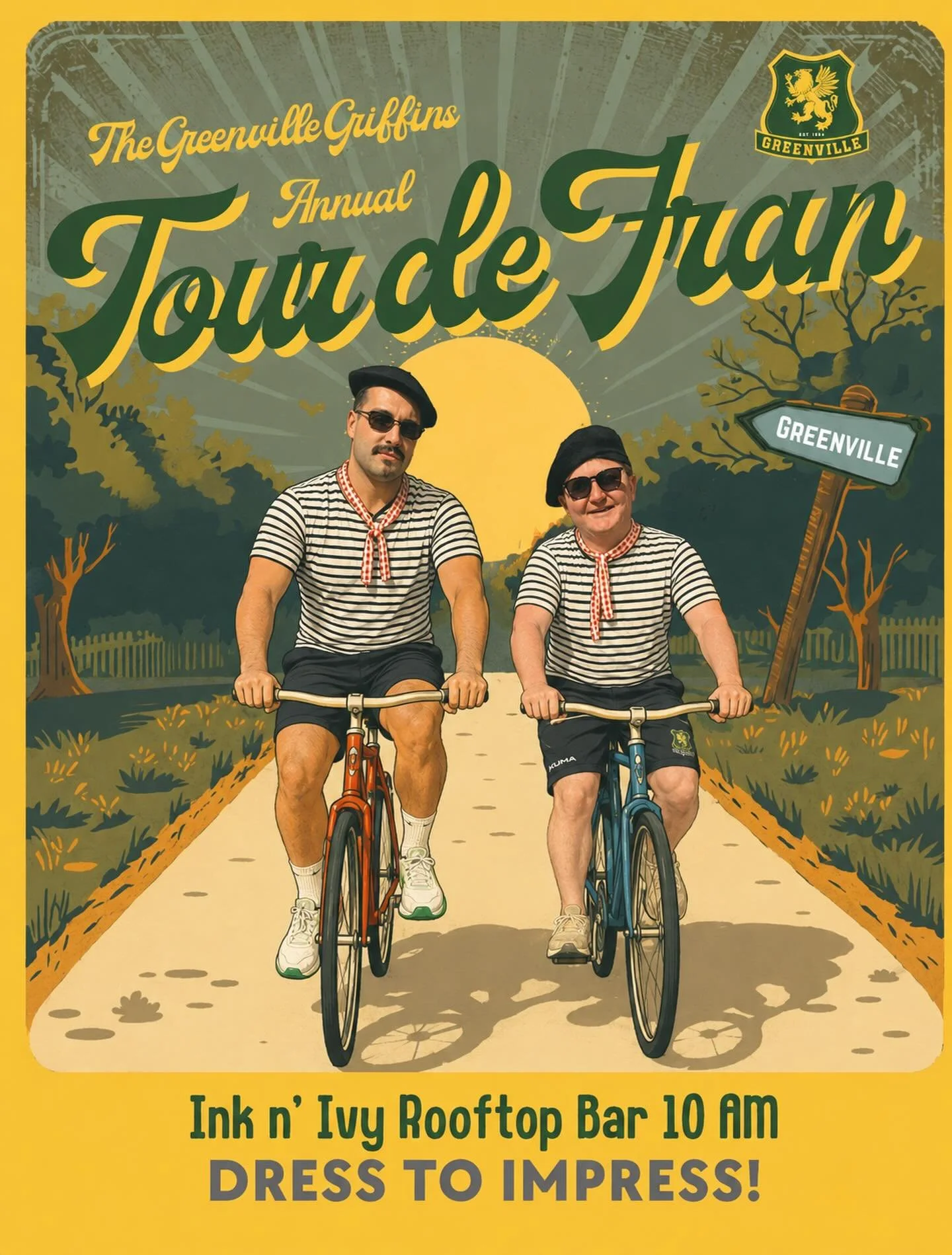 Pump up those tires and practice your best French accent it&rsquo;s time for the Griffins annual Tour De Fran this weekend! 

Joint us on a leisurely ride down the swamp rabbit trail making stops at our favorite watering holes along the way. Anyone i