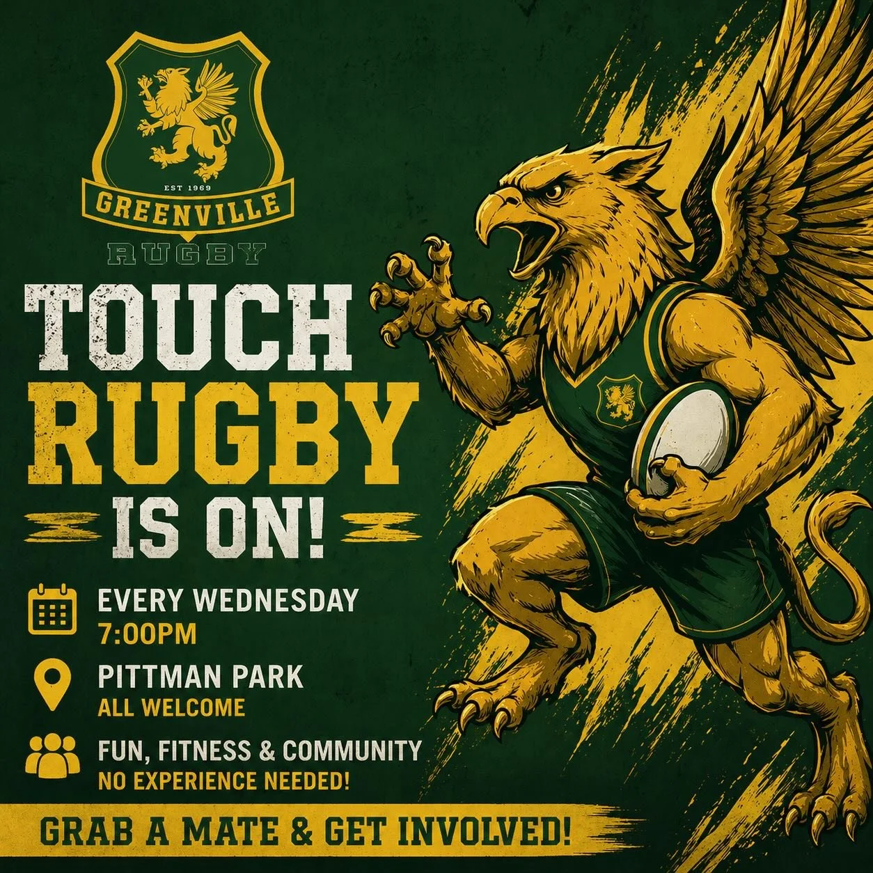 It&rsquo;s that time of year again, starting May 6th we will have pickup touch at Pittman Park every Wednesday at 7pm! All ages welcome with no experience needed. 

It&rsquo;s a great way to stay fit and get introduced to the game and the Griffins. I