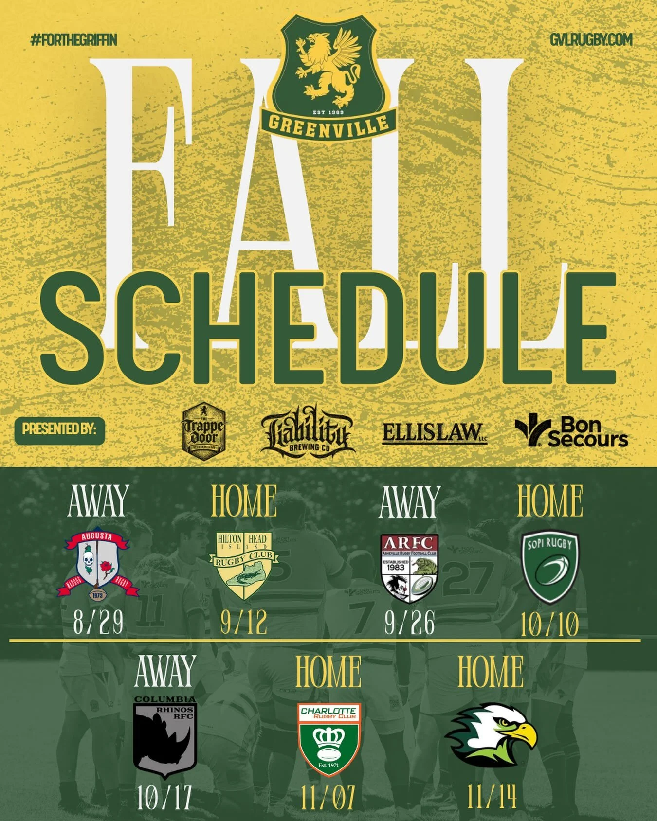 Mark your calendars, the season is here! This week kicks off our fall stint with an away game hosted by @augustarugby 

For the Griffin!