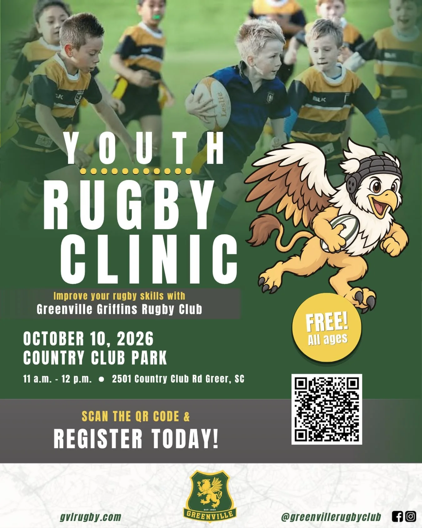 Looking for a fun, active morning for the kids? The Greenville Griffins Rugby Club is hosting a Free Youth Rugby Clinic on Saturday, October 10th! Bring the kids out to learn the basics, run around, and get an introduction to the sport.

Event Detail