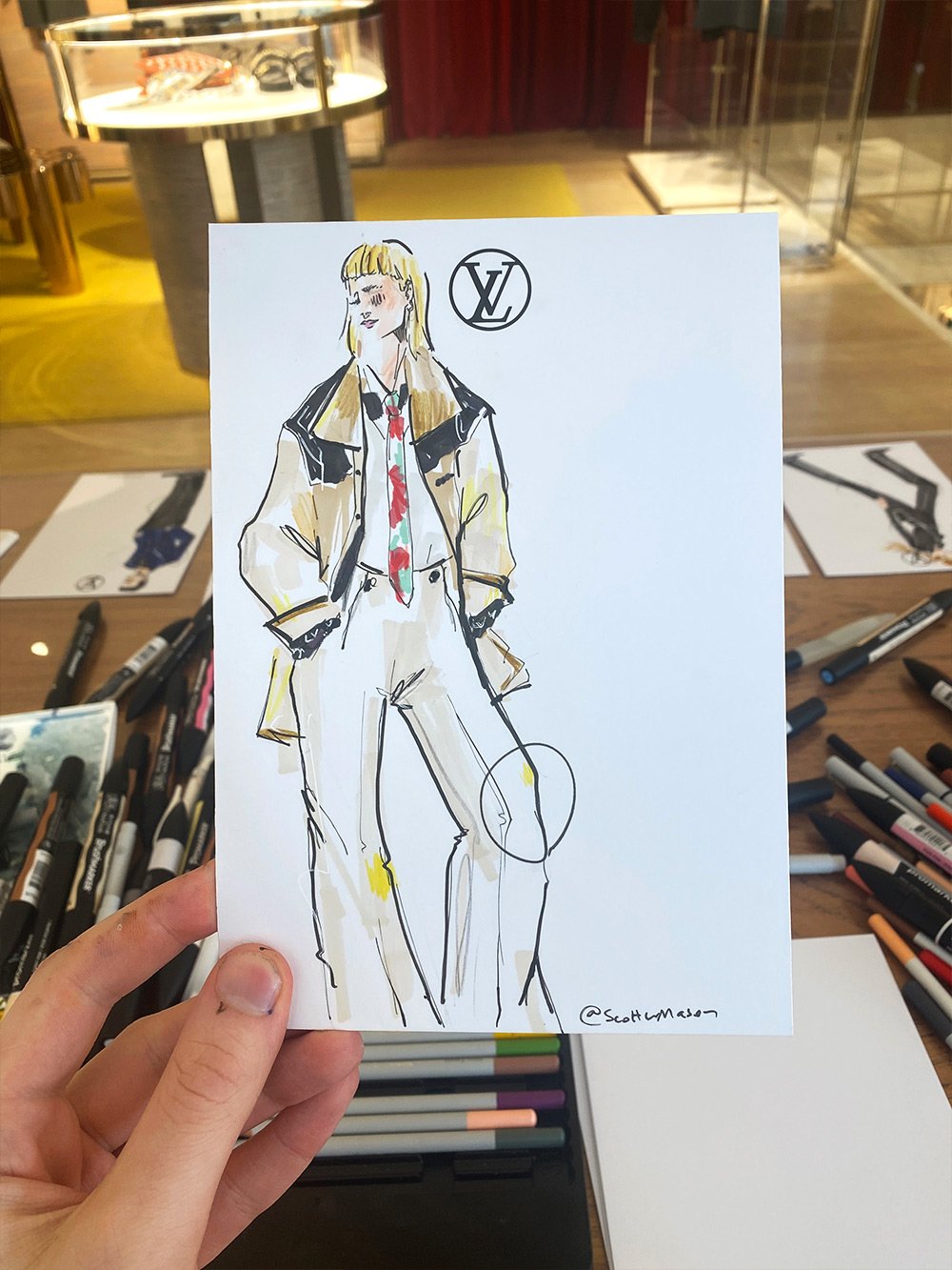 Illustrating clients live at the Sloane Street Boutique for Louis Vuitton