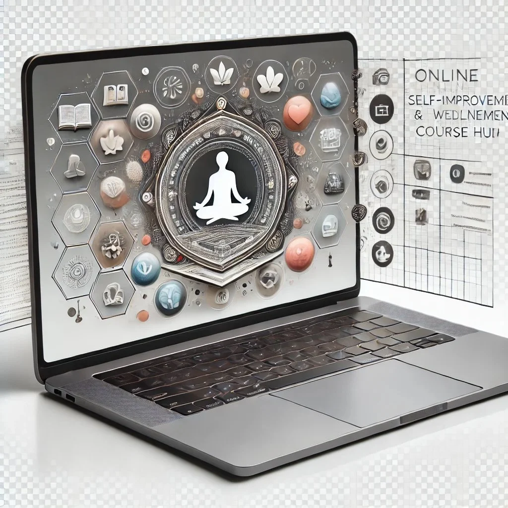 A laptop displaying digital icons with a central meditation figure, and a printed sheet beside it mentioning online self-improvement and course hub.
