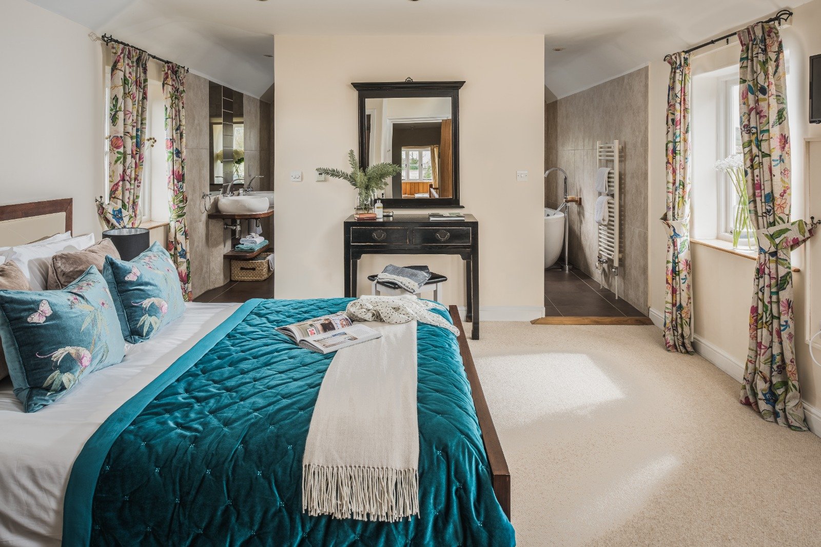 yoga retreat bedroom with ensuite bathroom