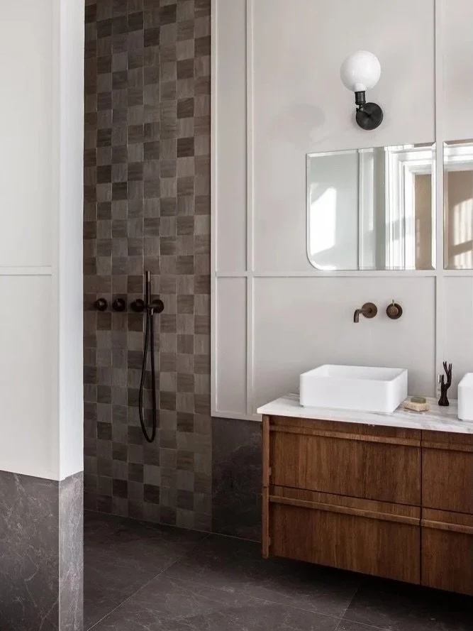 Looking back at the primary bathroom from New School Residence as we dive deep into the design of five new bathrooms for this returning client&rsquo;s home in Portugal&rsquo;s Sintra region &bull;

Somewhere between tile samples, stone palettes, and 