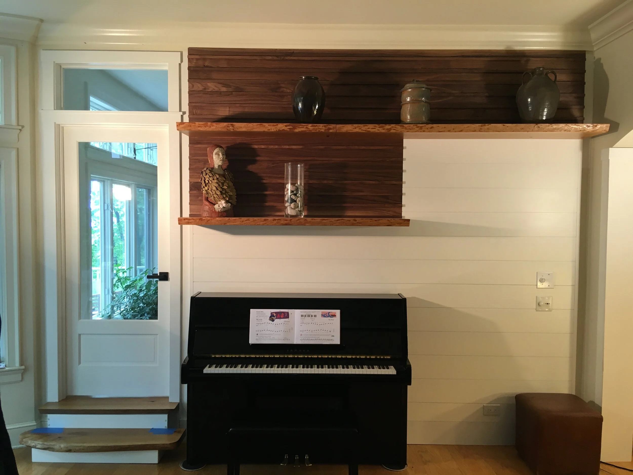 Living Room Remodel - French Door, Floating Shelves, Accent Wall