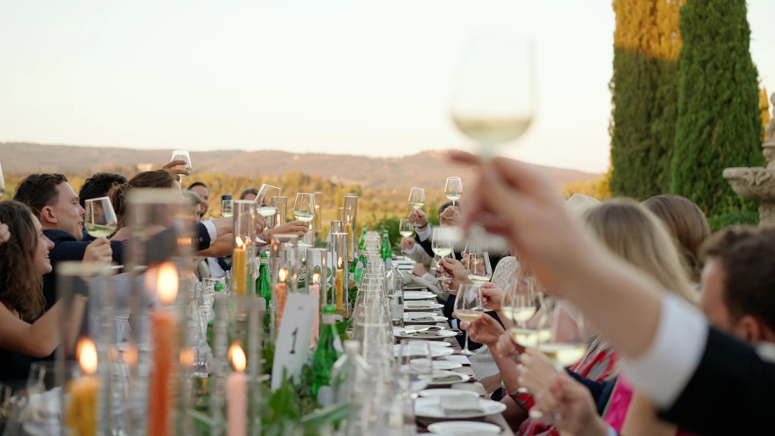 People at a long outdoor dinner table raising glasses in a toast during sunset.