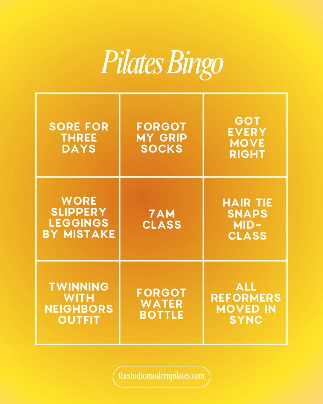 From 7am heroes to the sore-for-days crew&hellip; how many squares can you check off?⁠
⁠
Save this one and tag us when you hit that sweet pilates BINGO. 🧡💛