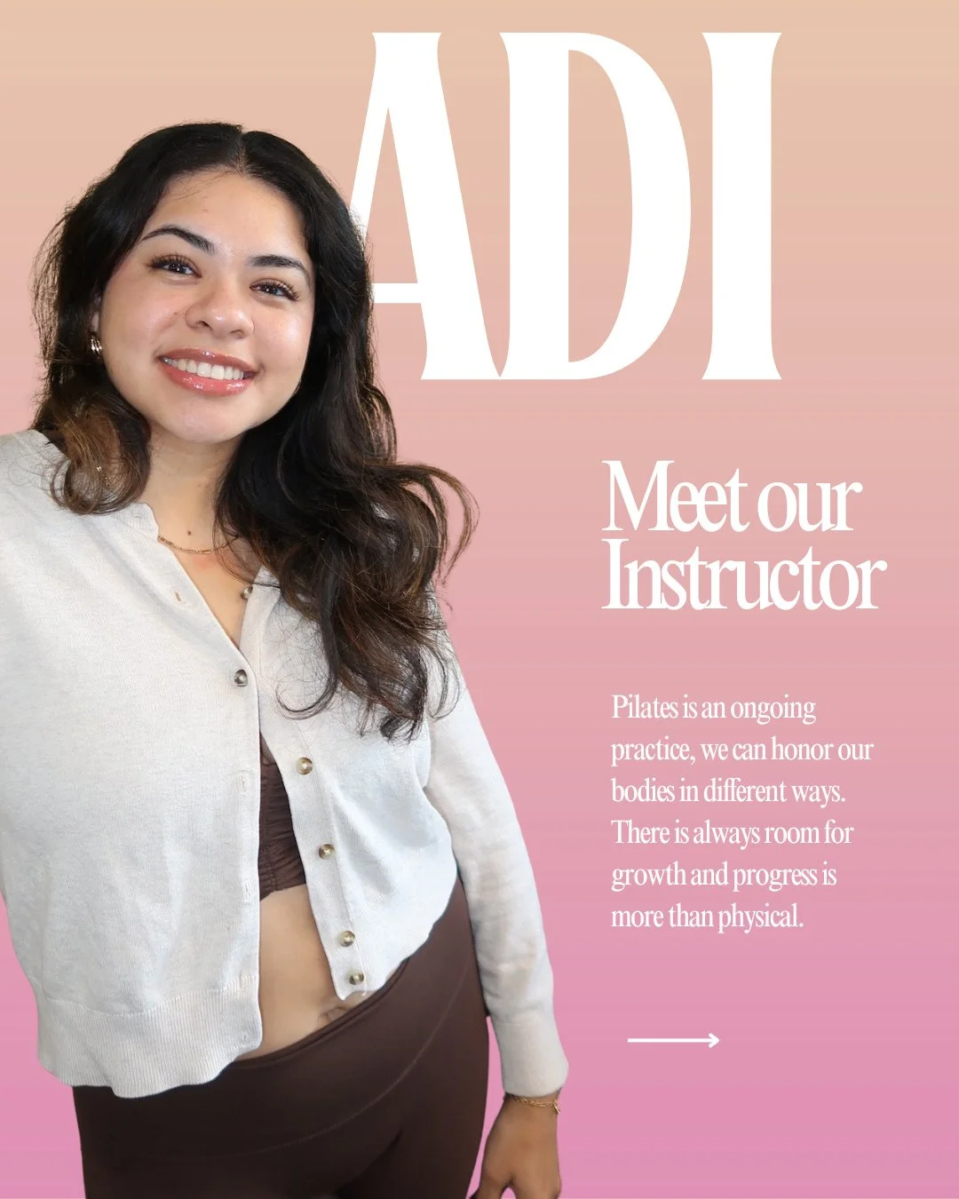Meet Adi, one of our new instructors ✨⁠
⁠
She believes that Pilates is an ongoing practice, and that we can honor our bodies in different ways. &quot;There is always room for growth and progress is more than physical.&quot;⁠
⁠
Her favorite move is lu