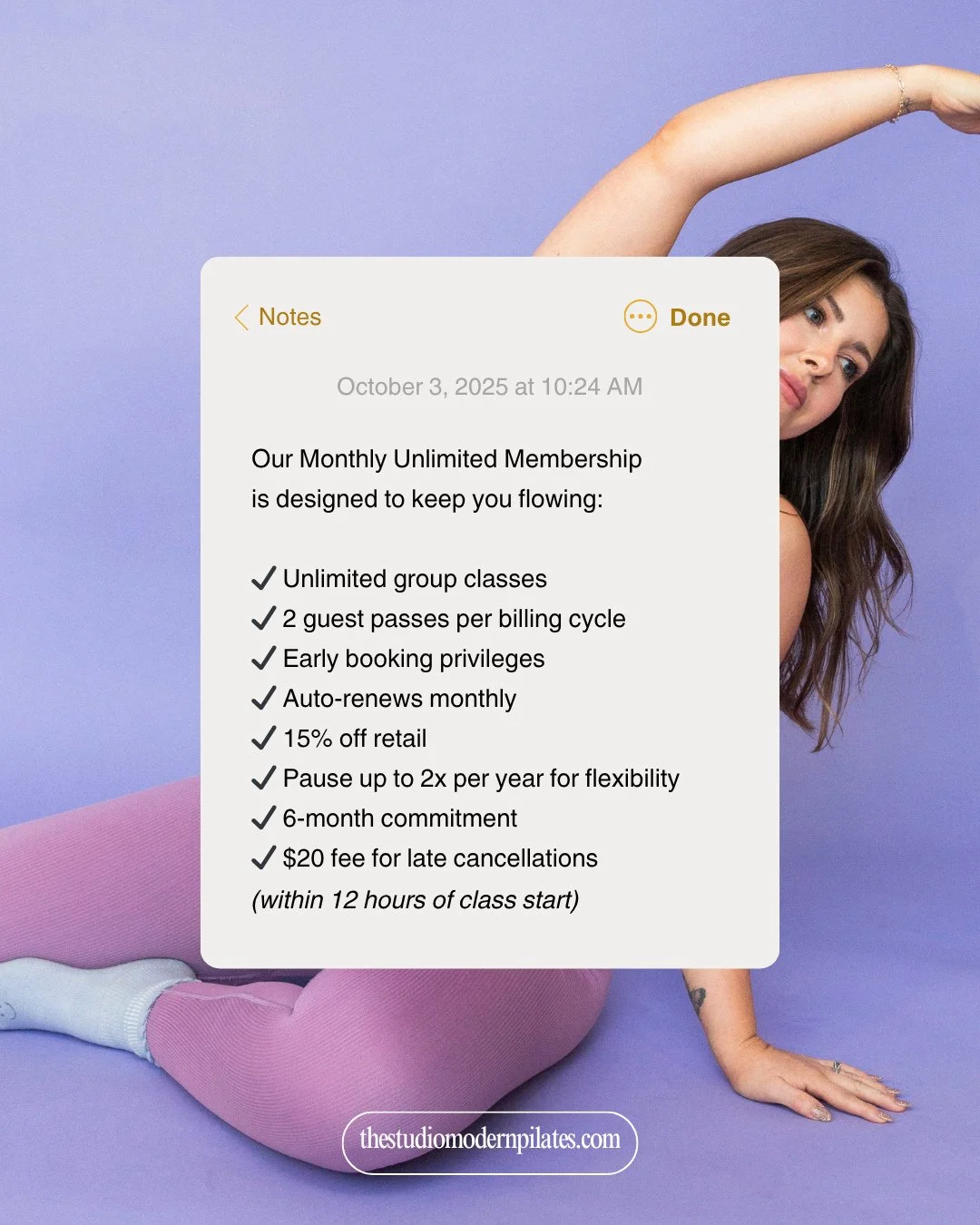 Unlimited moves, unlimited vibes ✨ Our Monthly Unlimited Membership is designed to keep you moving without limits:⁠
⁠
✔️ Unlimited group classes⁠
✔️ 2 guest passes every month⁠
✔️ Early booking privileges⁠
✔️ 15% off retail⁠
✔️ Pause up to 2x per yea