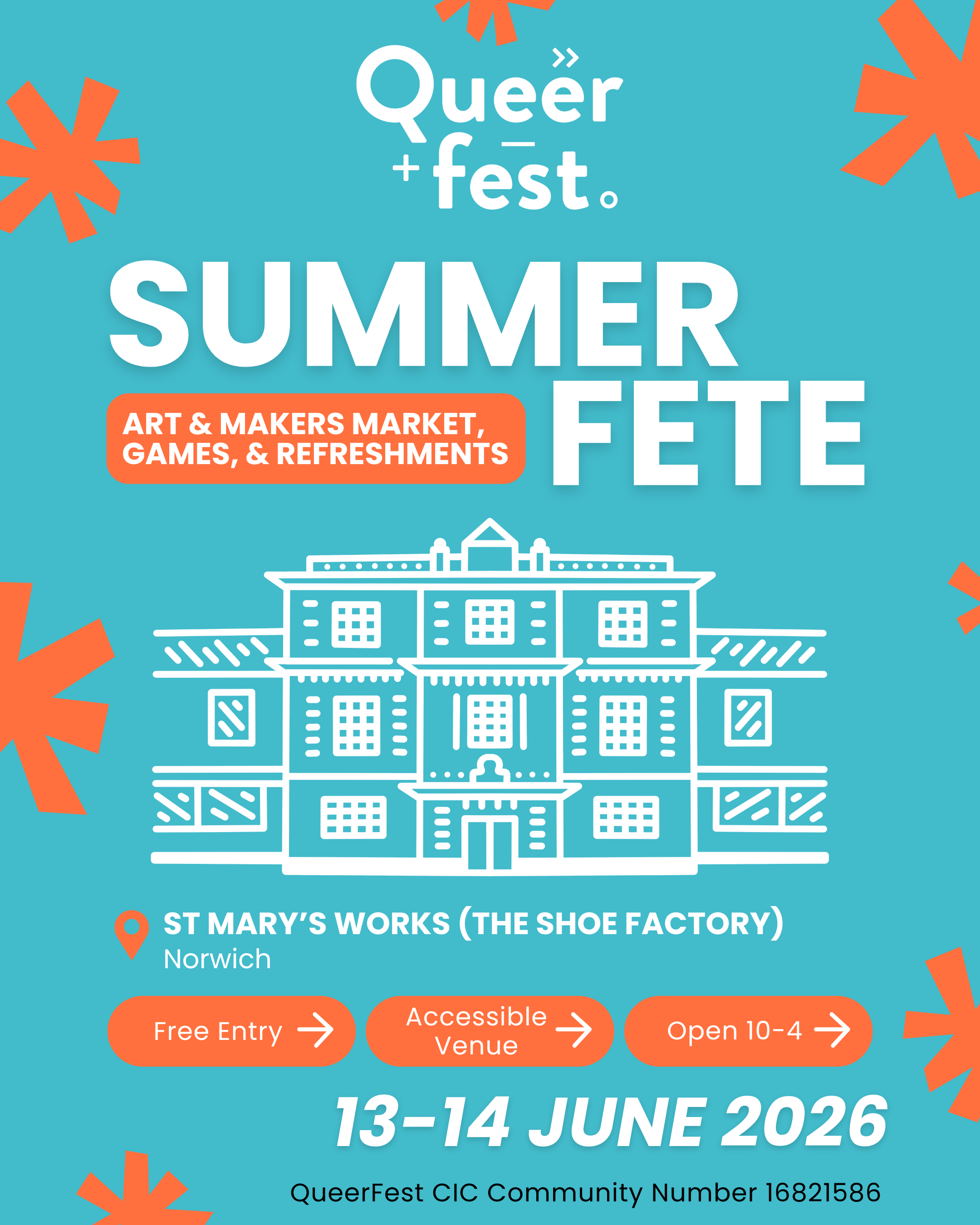 Bright blue poster promoting QueerFest, a summer event from June 13 to 14, 2026, with art, makers market, games, and refreshments. Features white illustration of a large building, orange decorative elements, and orange call-to-action buttons for free entry, accessible venue, and event timing. Location at St. Mary's Works in Norwich.