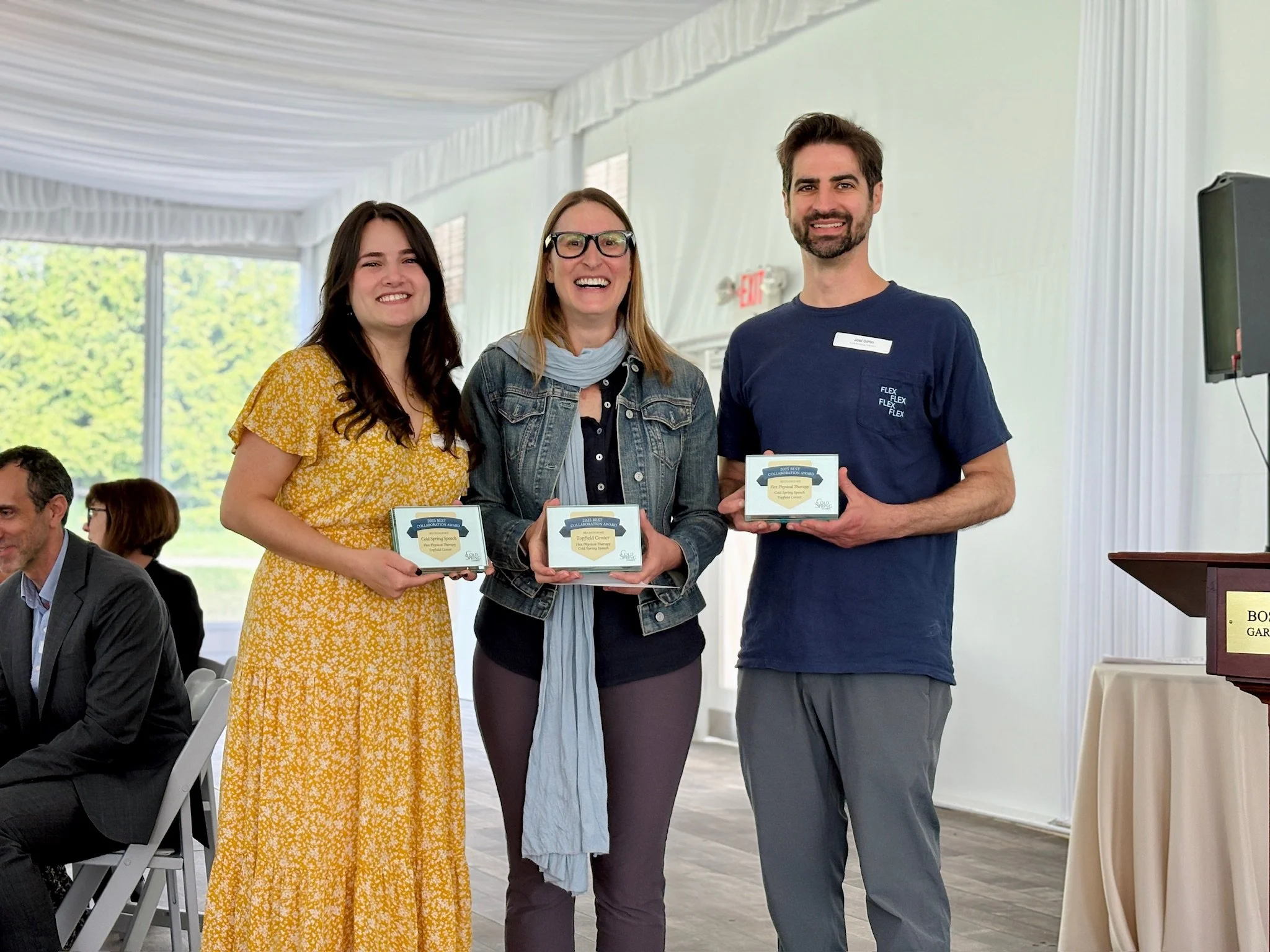  A trio of winners! The Best Collaboration Award recognized the partnership between Topfield Center, Flex Physical Therapy and Cold Spring Speech Therapy. 