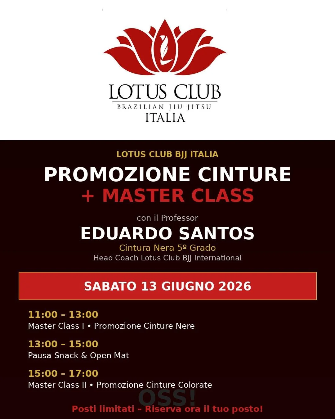 Master Classes e Cerimonia di Promozione Cintura con il Maestro Eduardo Santos, cintura nera 5 gradi, Head Coach del Lotus Club International