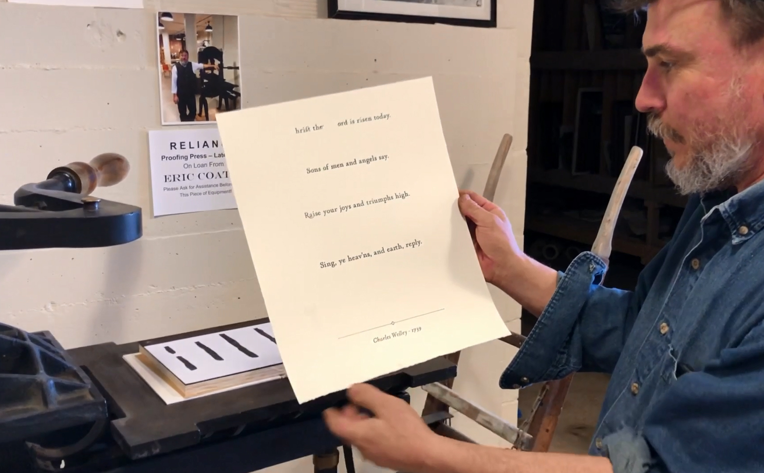 Checking a proof of a recent print - a print for Easter of Charles Wesley’s hymn Christ the Lord is Risen Today .