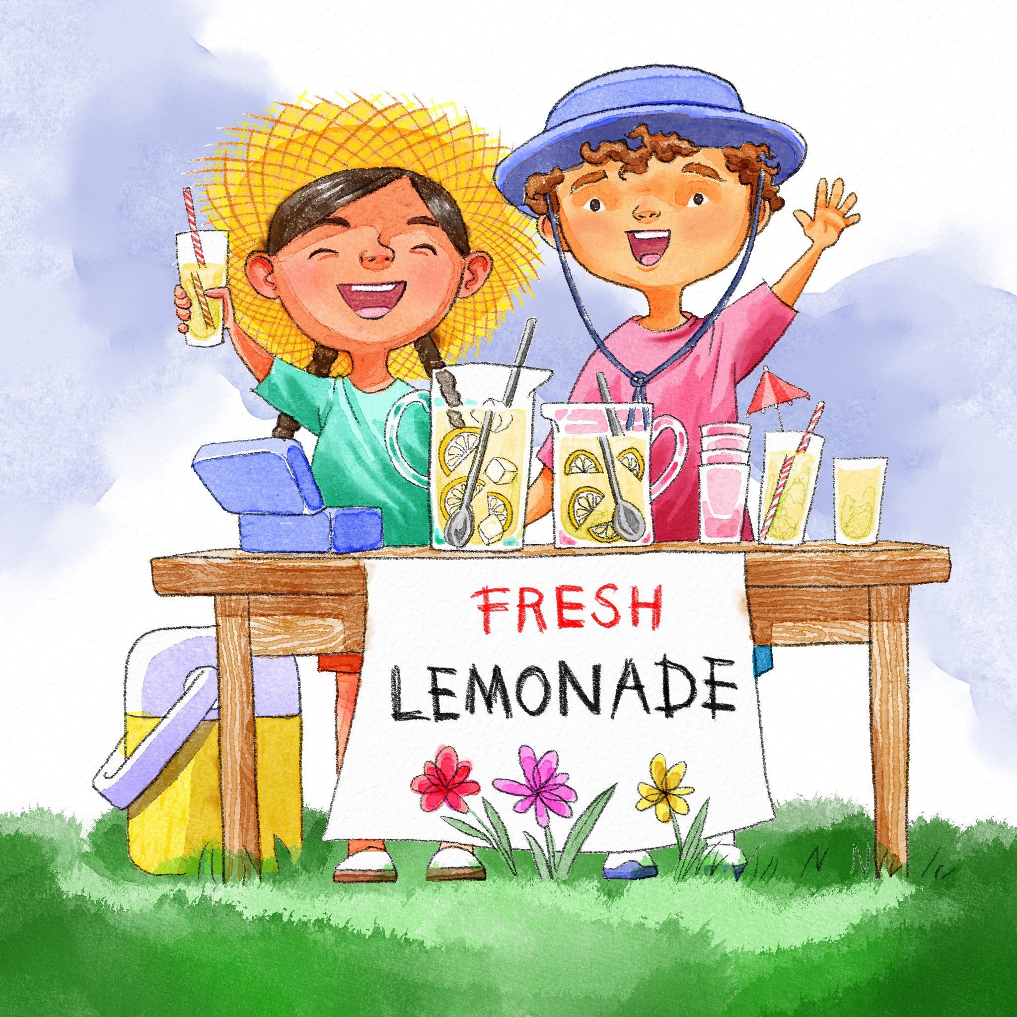 kids_girl_boy_lemonade_stand_summer_drink_summer_food_sun hat_sale_digital watercolour.jpg