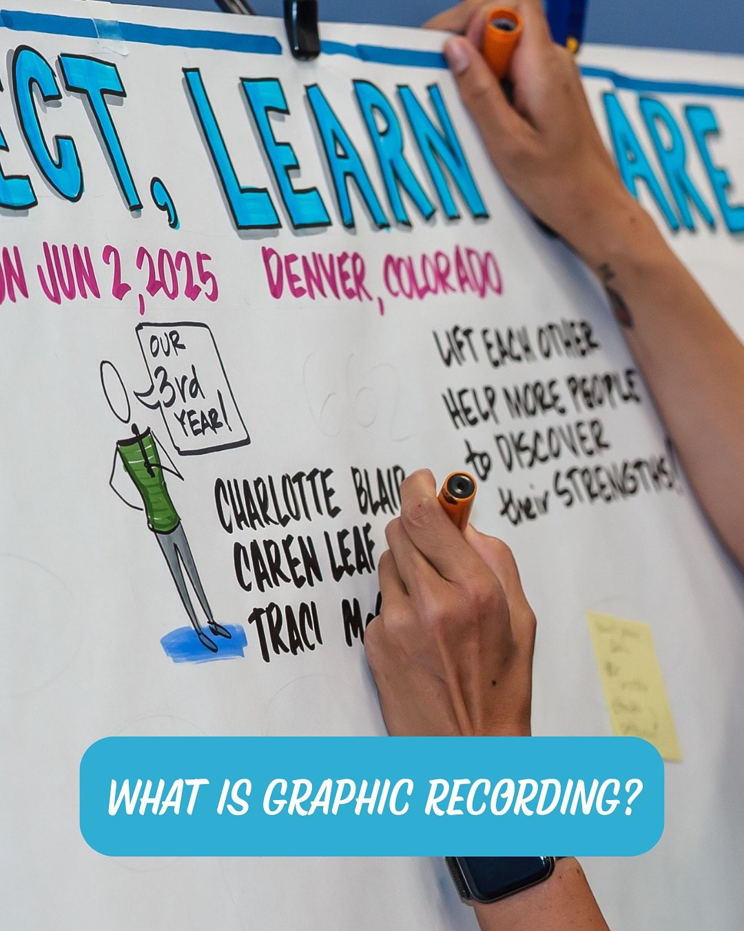 Hardly anyone knows what graphic recording is, so let&rsquo;s talk about it! 😌

It&rsquo;s kind of like live note-taking&hellip; but visual. We draw and capture ideas as they unfold, turning complex conversations into something clear, colorful, and 