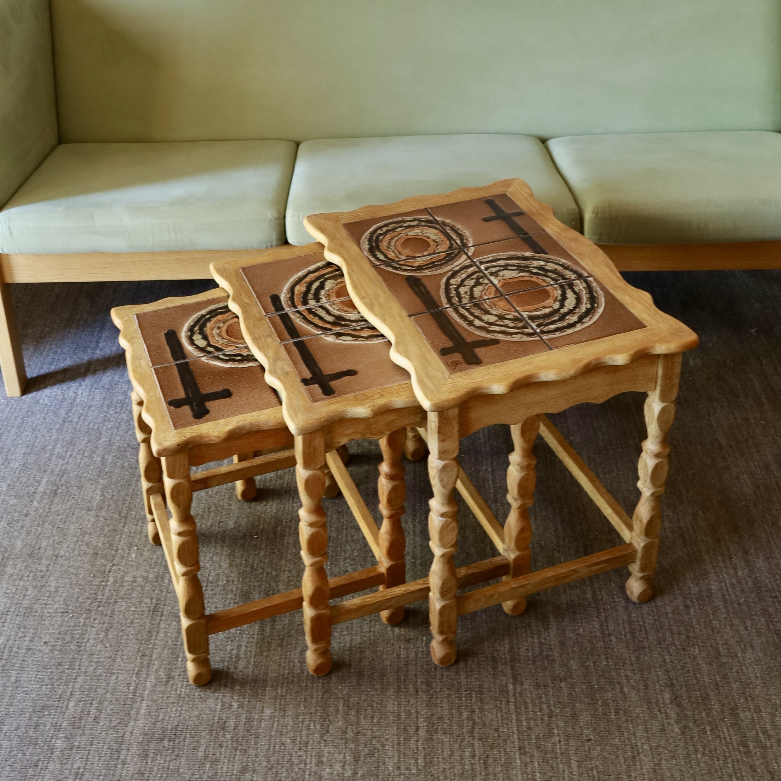 M28841 - 1970s Danish nesting tables in oak & ceramic tile - $850 - In the shop