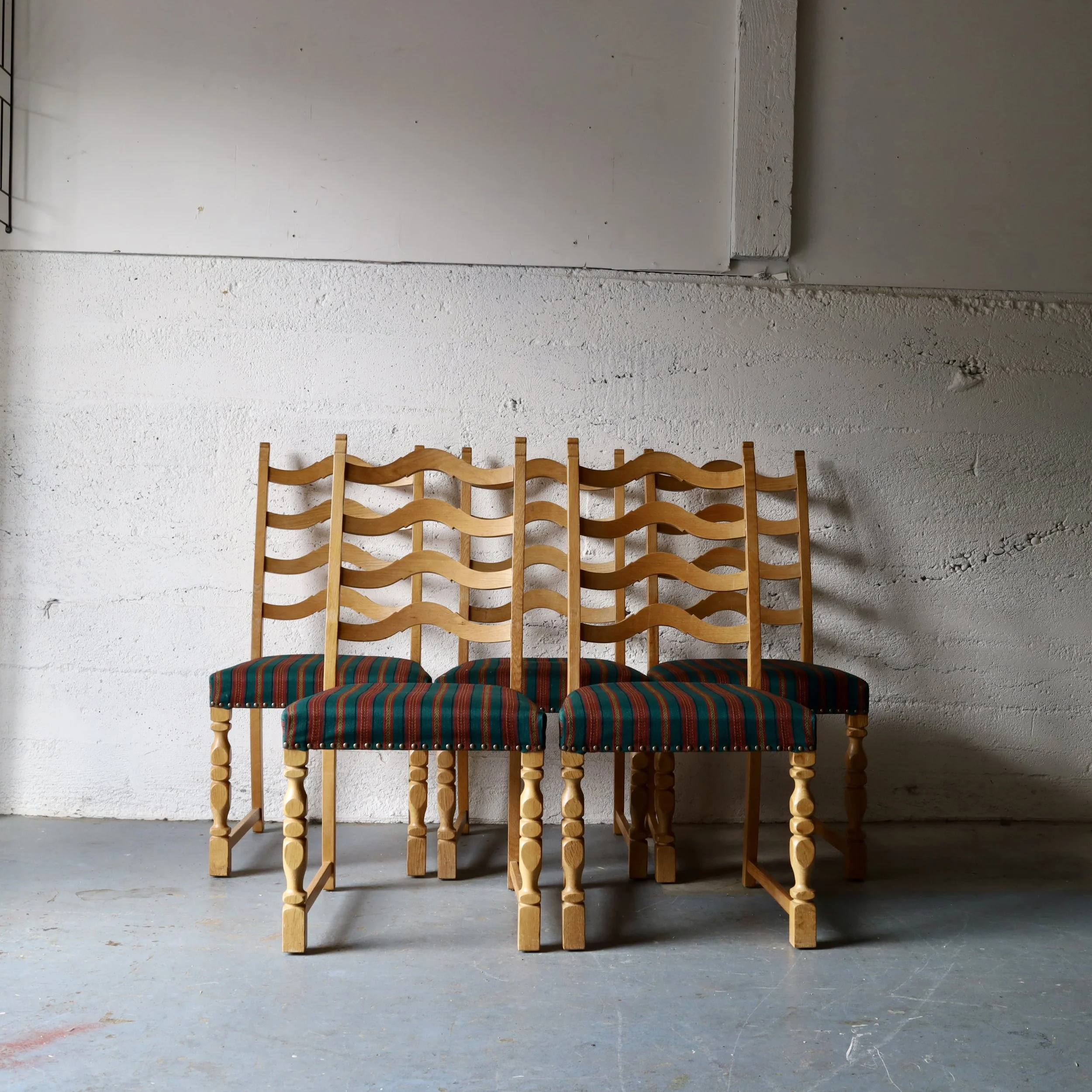 E37316 - Set of six 1970s oak dining chairs - Available for custom upholstery - $3,150