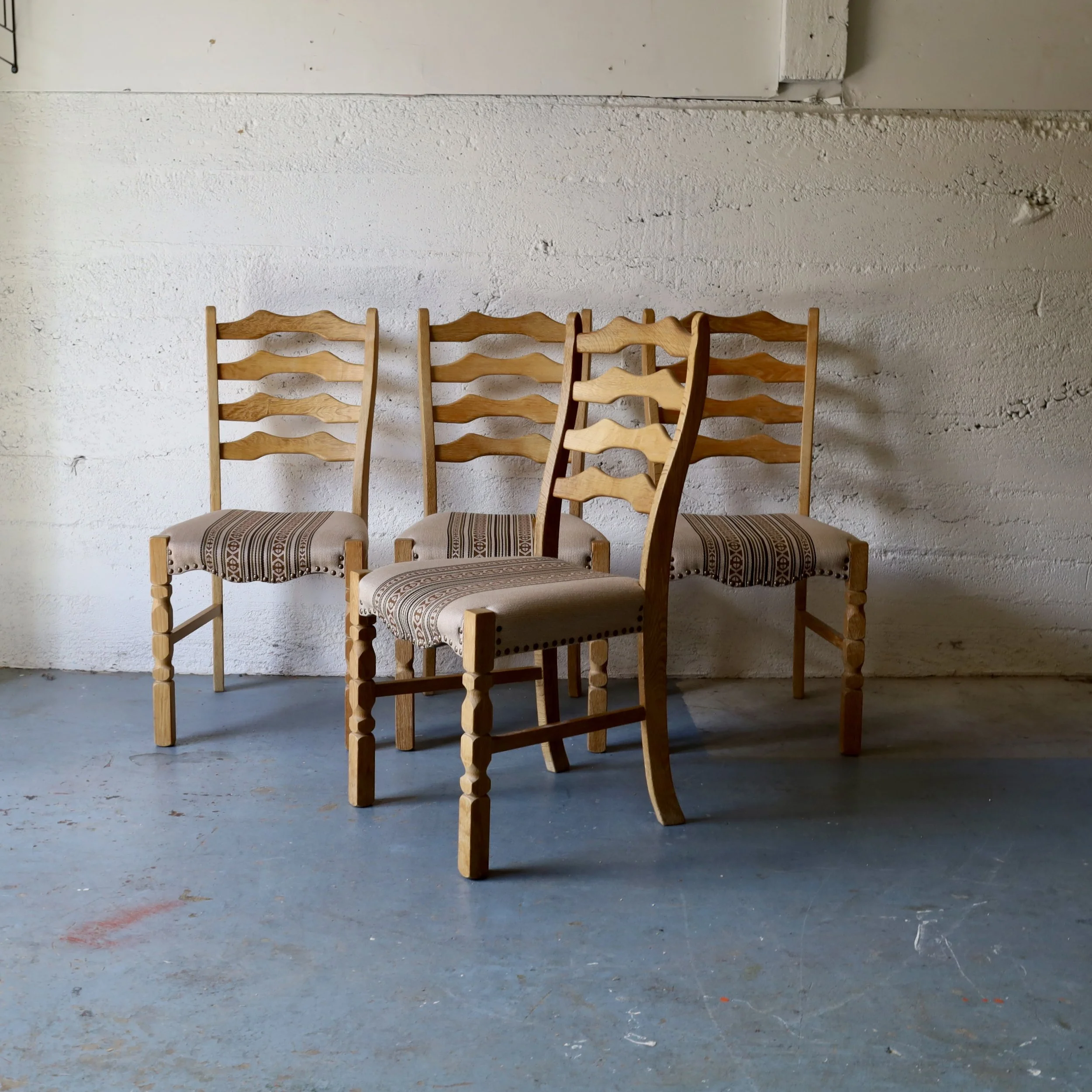 E37488 - Set of four 1970s oak dining chairs - Now available for custom upholstery - $1,480