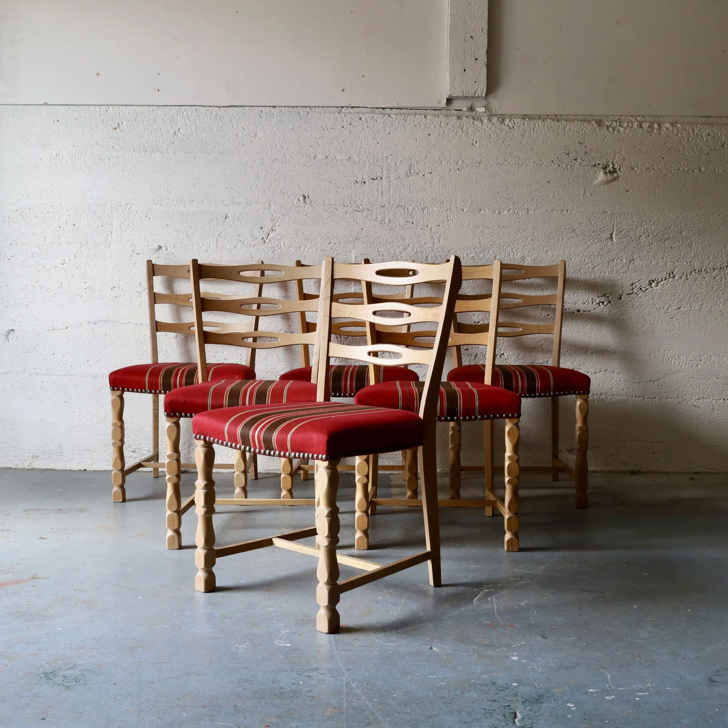 E36979 - Set of six 1970s oak dining chairs -Now available for custom upholstery - $2,450