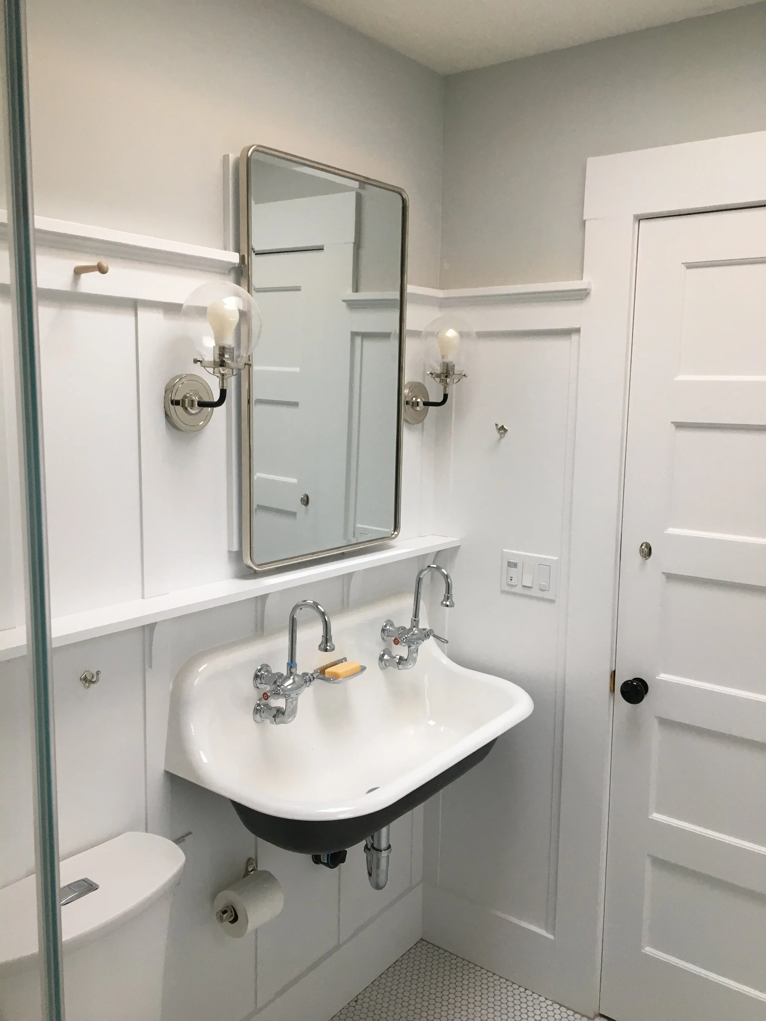  Upstairs bathroom remodel with a  Kohler double sink, a favorite for small spaces.  