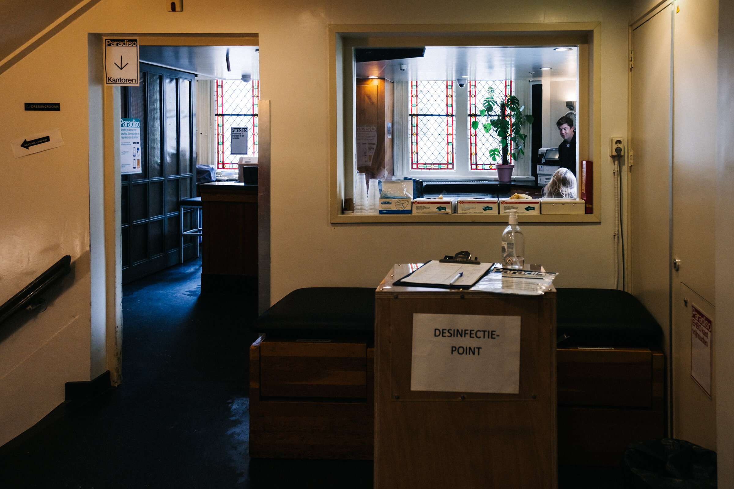  A disinfection point at the side entrance and reception where non-visitors, including bands, enter Paradiso, Amsterdam, September 6, 2020. All non-visitors such as staff, crew and office workers are required to sign in with their name, date and time