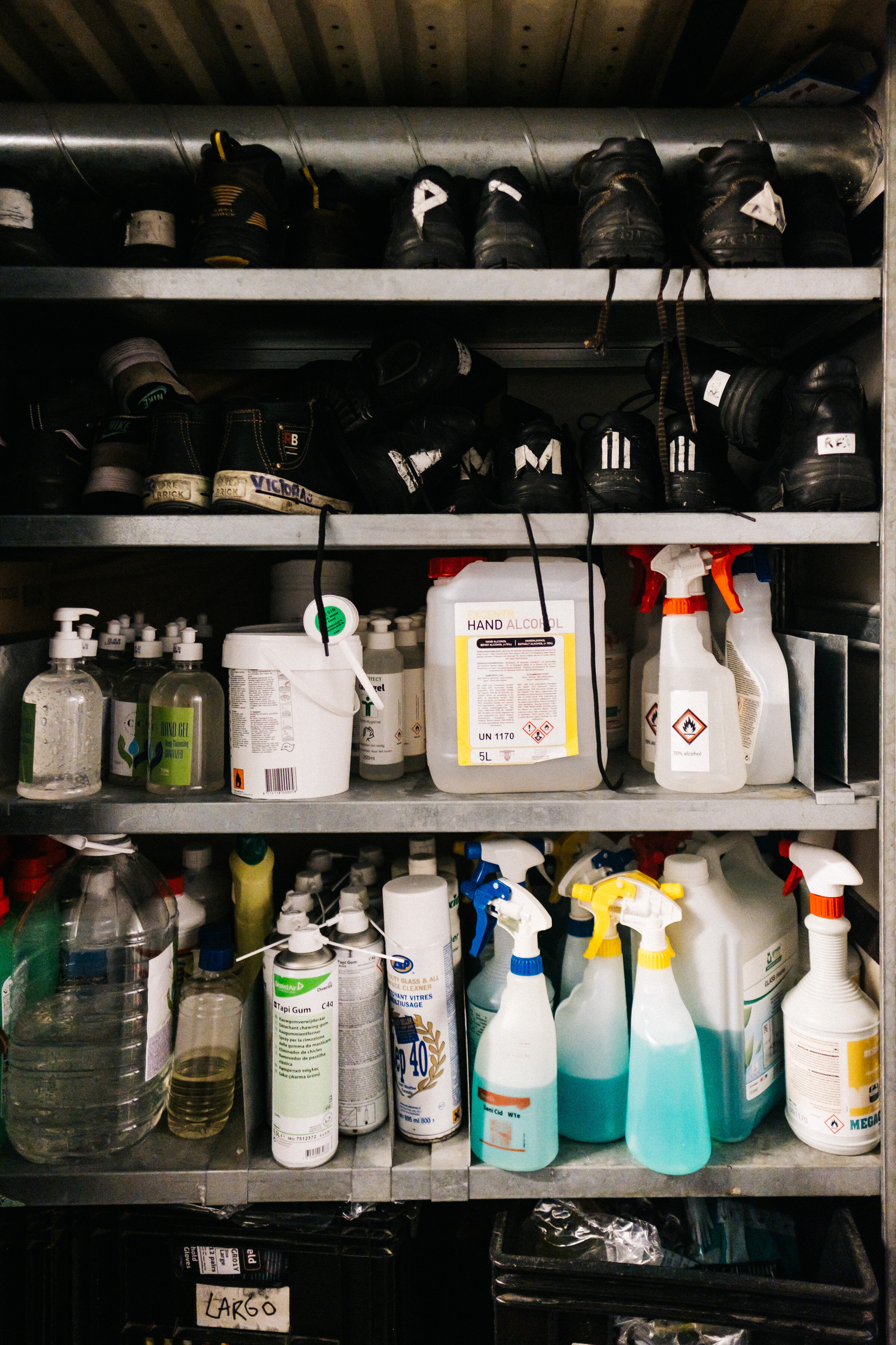  The supply closet filled with sprays with disinfectant at Paradiso, Amsterdam, August 25, 2020. 