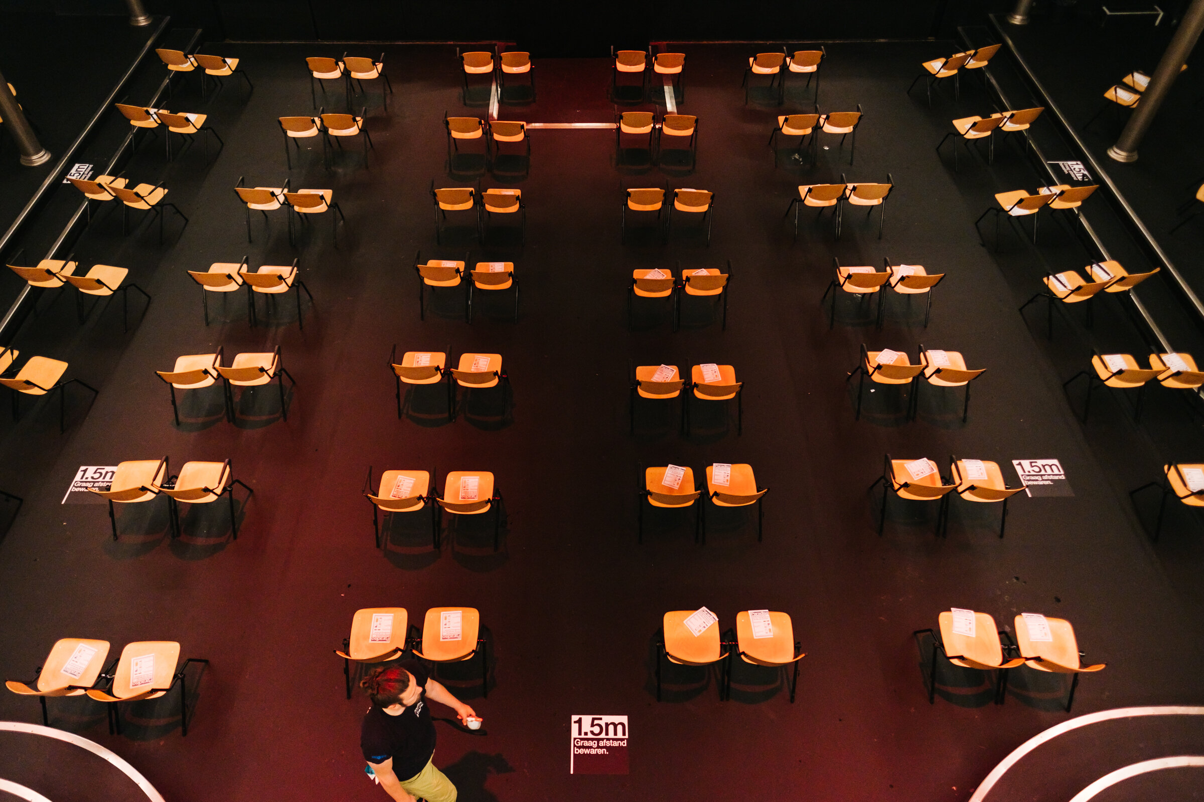  The main hall, as seen from the first balcony, after staff have cleaned all chairs and surfaces and put slightly moved chairs back into their original position to allow for a 1.5-metre distance, between two Claw Boys Claw shows at Paradiso, Septembe