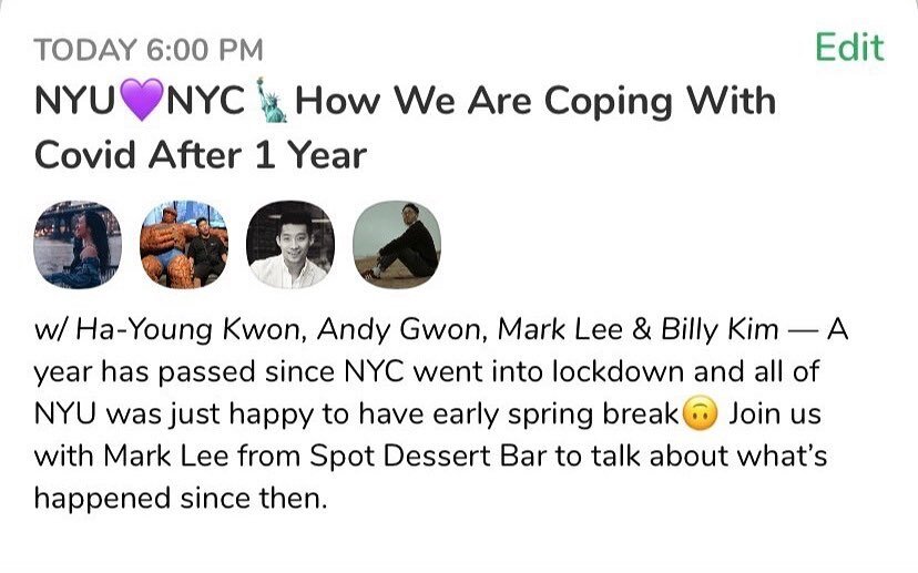 TODAY 6pm ET!!

Join us and 180 Fellowship for a conversation about dealing with life + faith + mental health during the lockdown in NYC on club house!

Hear the stories of chaplains, NYU students and entrepreneurs (ft. owner of Spot Dessert Bar). 

