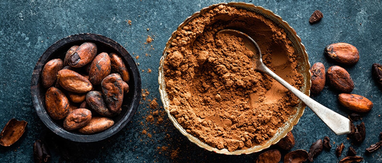 Cacao powder in bowl with whole cacao beans