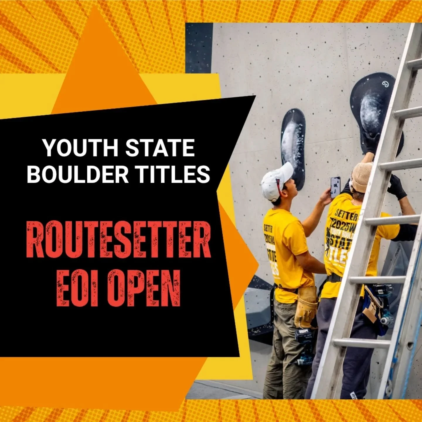 Calling all routesetters! Expressions of interest for routesetters for the 2026 WA Youth Boulder State Titles are open. We are looking to fill positions for a Head Route Setter and Setting Team Members.

Head to the link in our bio to apply and for m