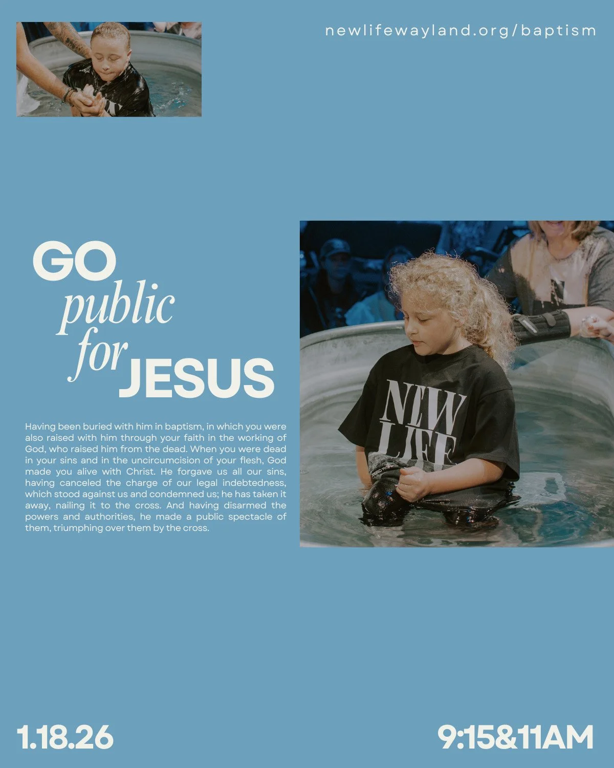 Did you make a decision to follow Jesus this Christmas? Baptism is your next step! This is your chance to go public for Jesus and celebrate the new life He&rsquo;s given you. We&rsquo;re cheering you on. January 18, 2026 at 9:15 &amp; 11AM

Sign up: 
