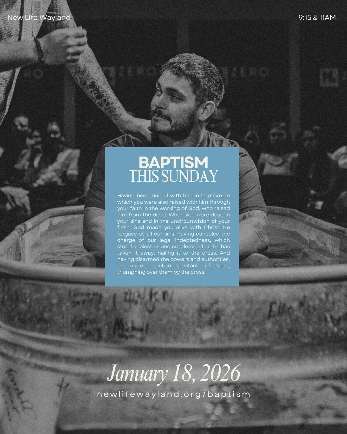 Baptisms are happening THIS Sunday and it's not too late to sign up. Take the plunge, go public for Jesus, what is holding YOU back? 

Sign up here: newlifewayland.org/baptism