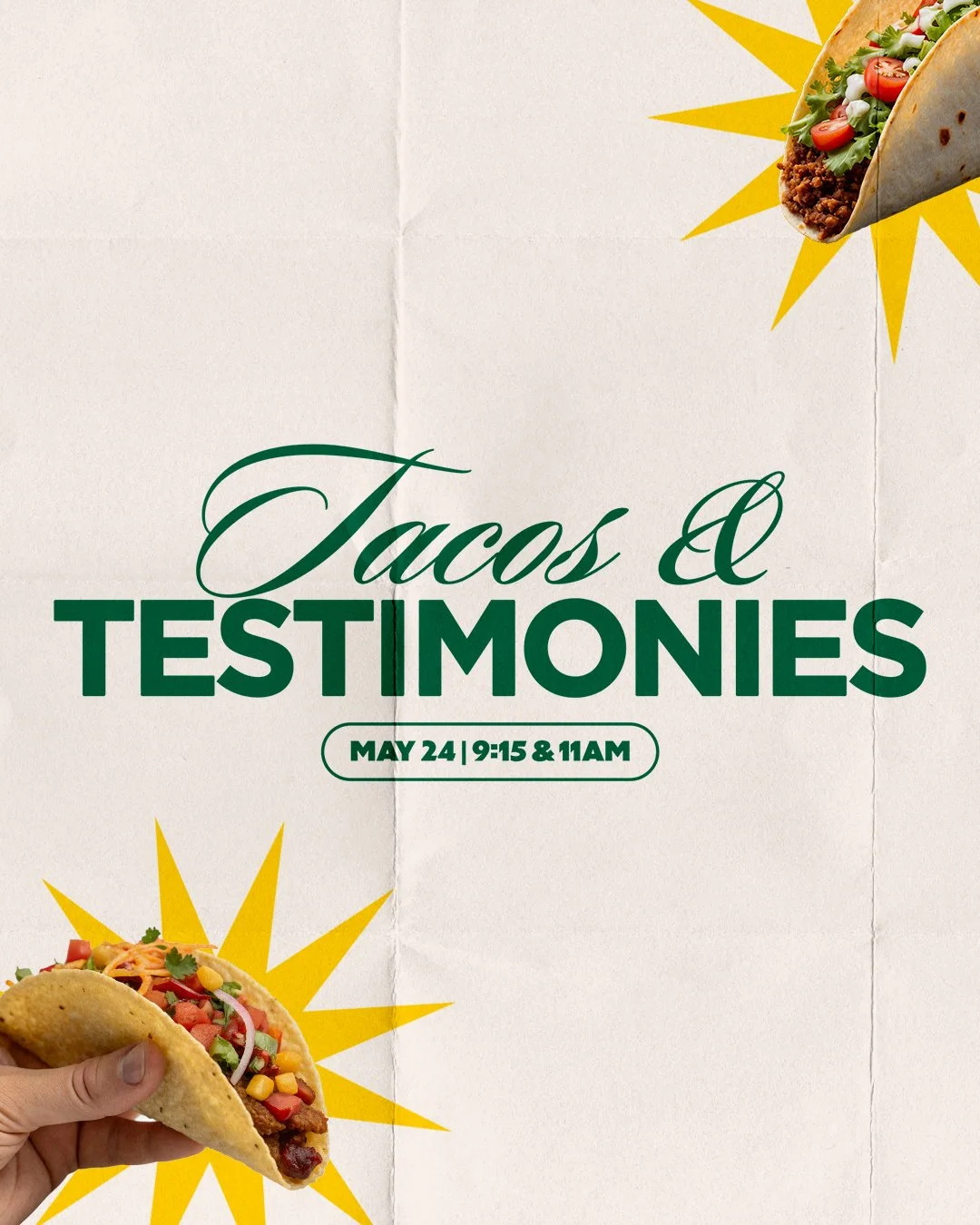 Tacos &amp; Testimonies is back! Save the Date. Yes, it's Memorial Day Weekend, it's also one of the most powerful services all year!