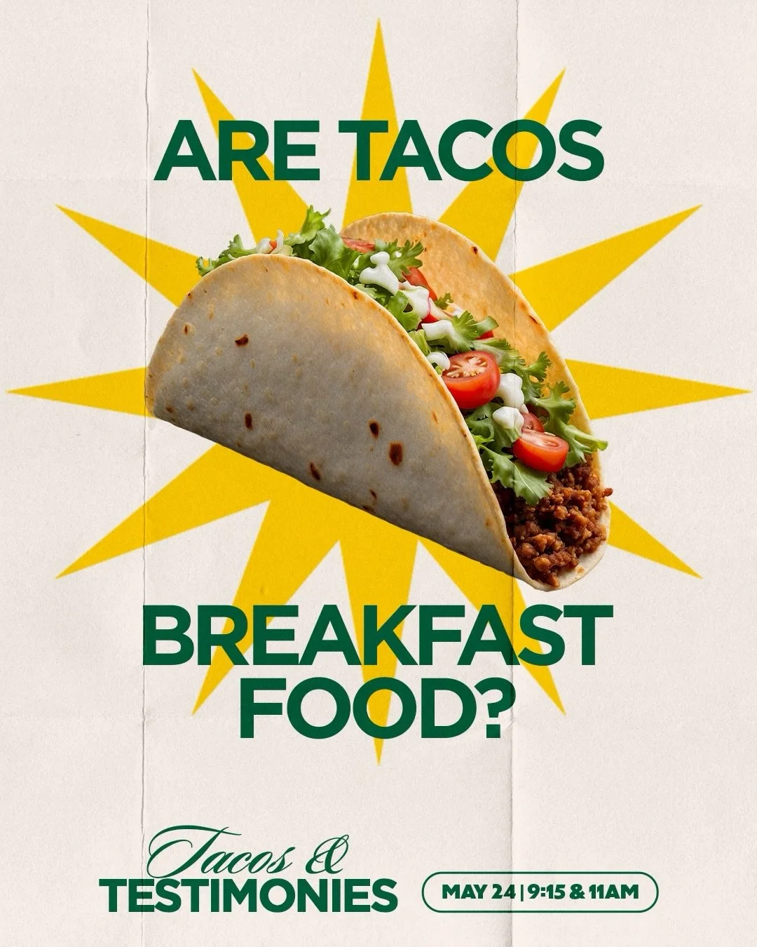 This Sunday is going to be a special morning at New Life!

Join us for Tacos &amp; Testimonies at 9:15 or 11AM as we hear real stories from people in our church about what God has been doing in their lives.

And yes&hellip; there will be tacos after 