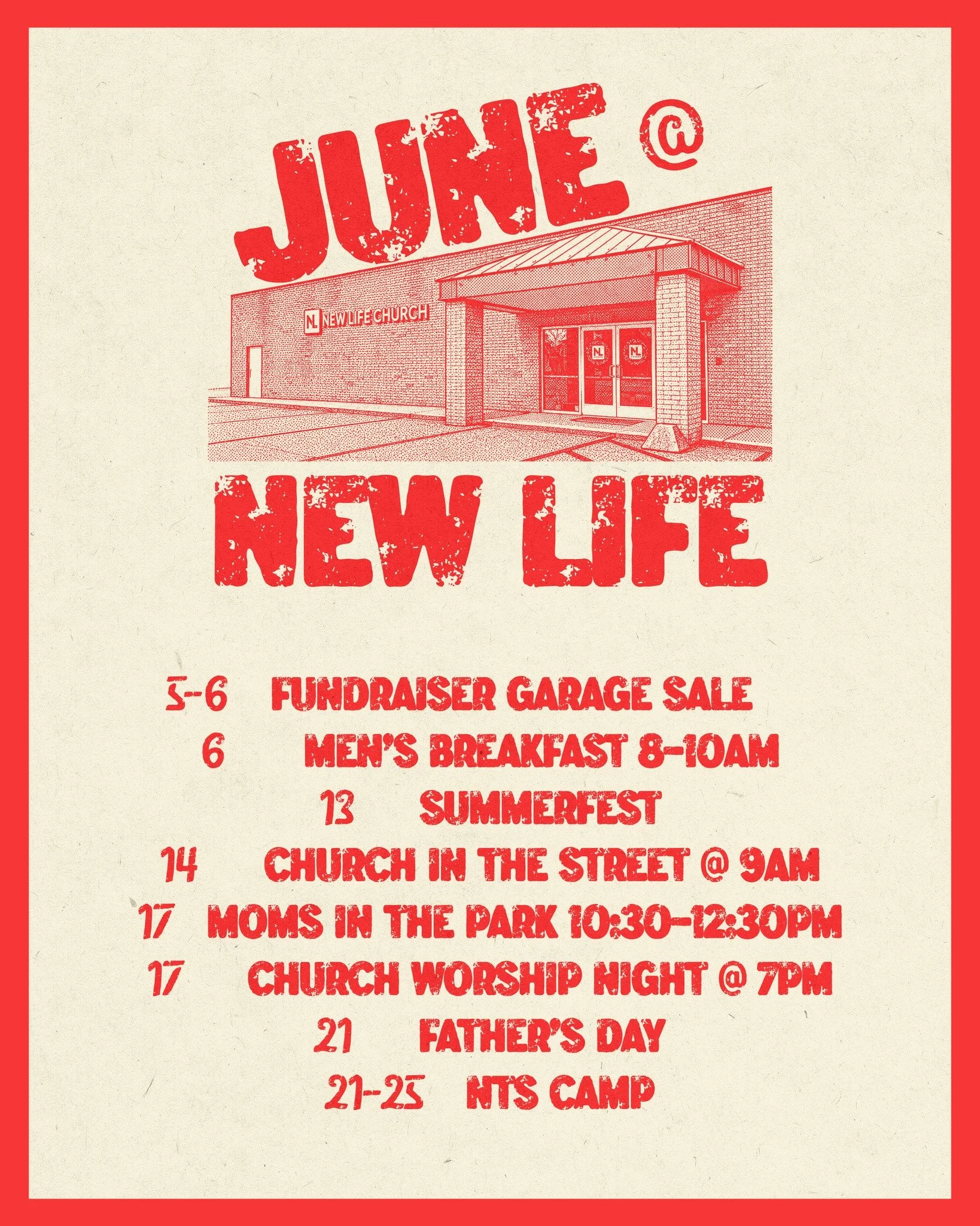 June is just a few days away! Save this calendar to stay up to date on all June dates to remember at New Life. Keep an eye on social media and your inbox for more details on each event. Let's have an AMAZING summer together!