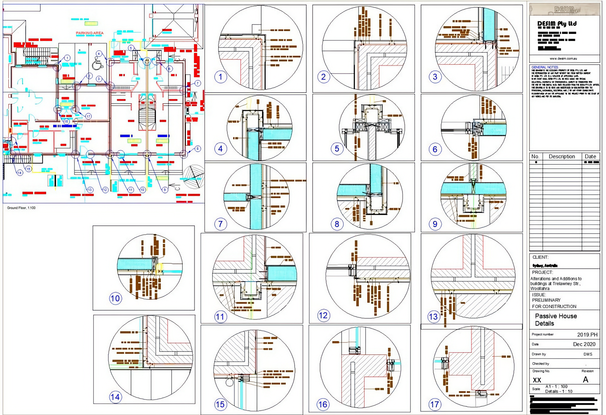 A detailed architectural drawing of a building's ground floor with various sections and construction details, including pipe and wall installations, numbered circles highlighting specific construction details, and a legend with project information on