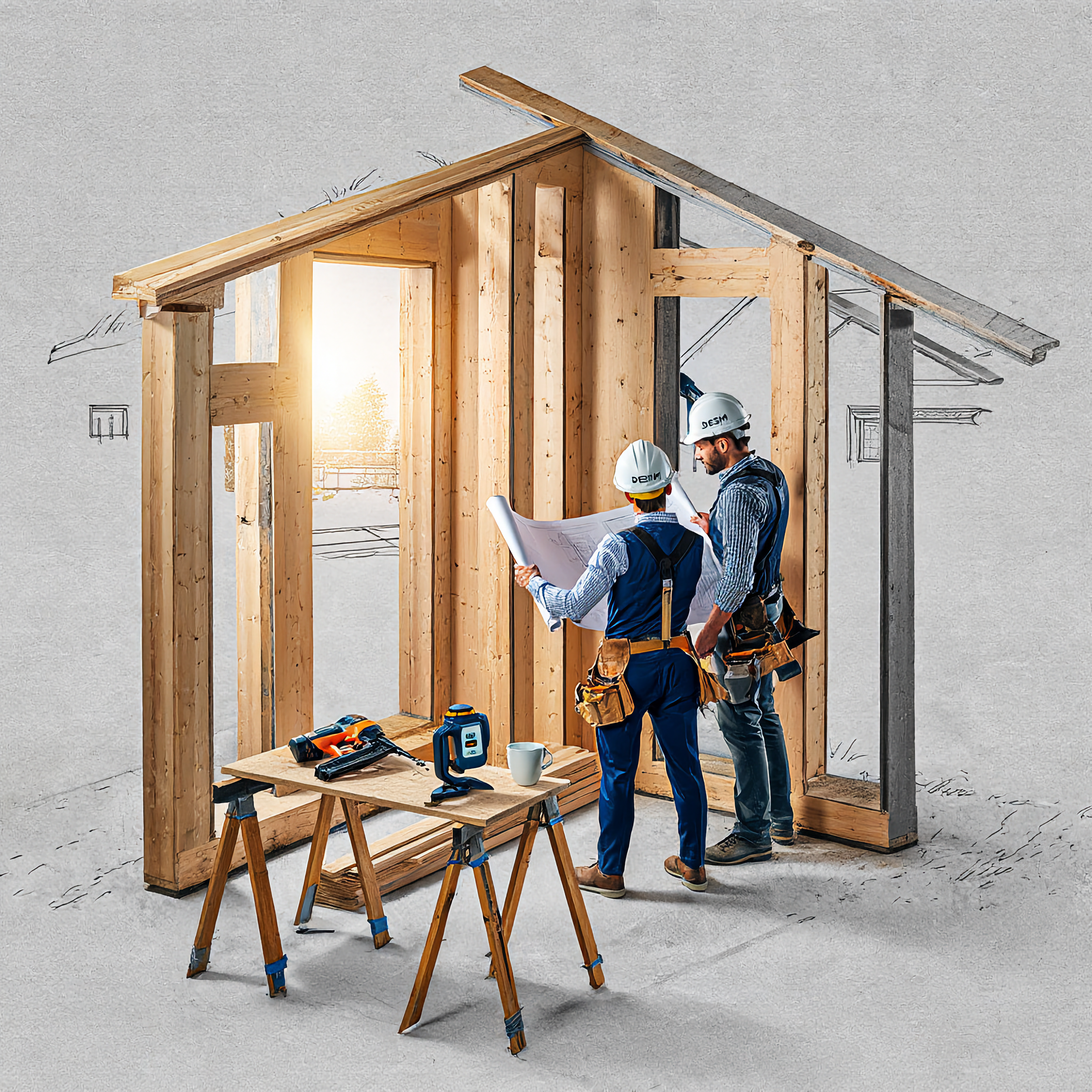 Two construction workers in safety helmets reviewing blueprints inside a partially built wooden house frame, with a worktable holding tools and a coffee mug nearby.