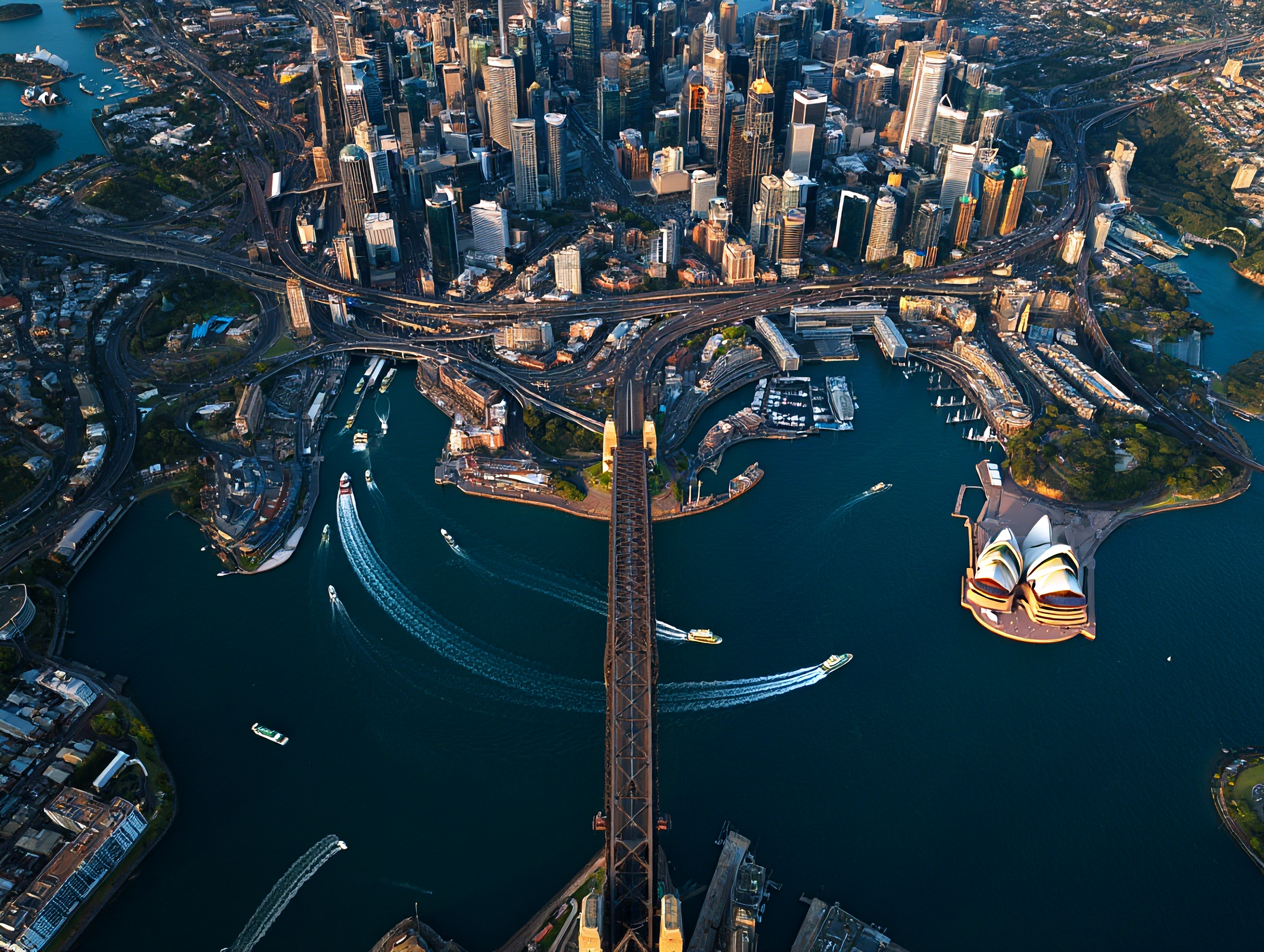 Aerial view of Sydney Harbour with the Sydney Opera House and Harbour Bridge in Australia