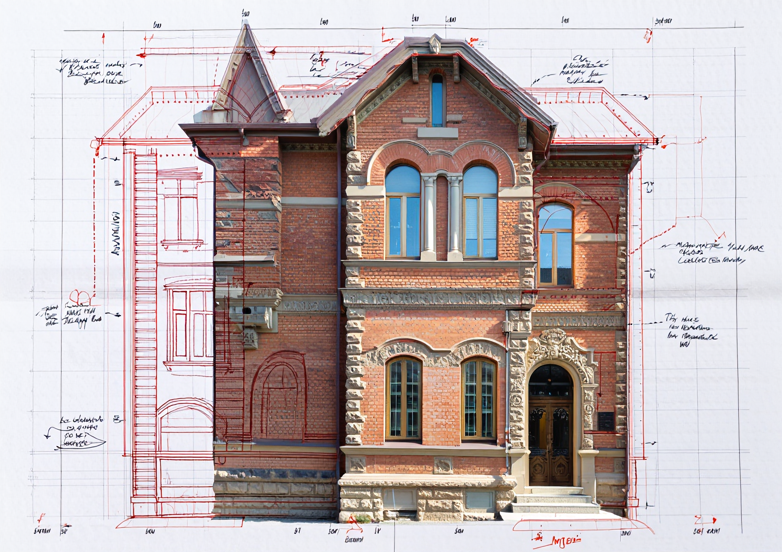 A house with multiple architectural styles is overlaid with a detailed hand-drawn architectural sketch and measurements. The house is made of red brick with stone accents, featuring arched windows and a decorative entryway.