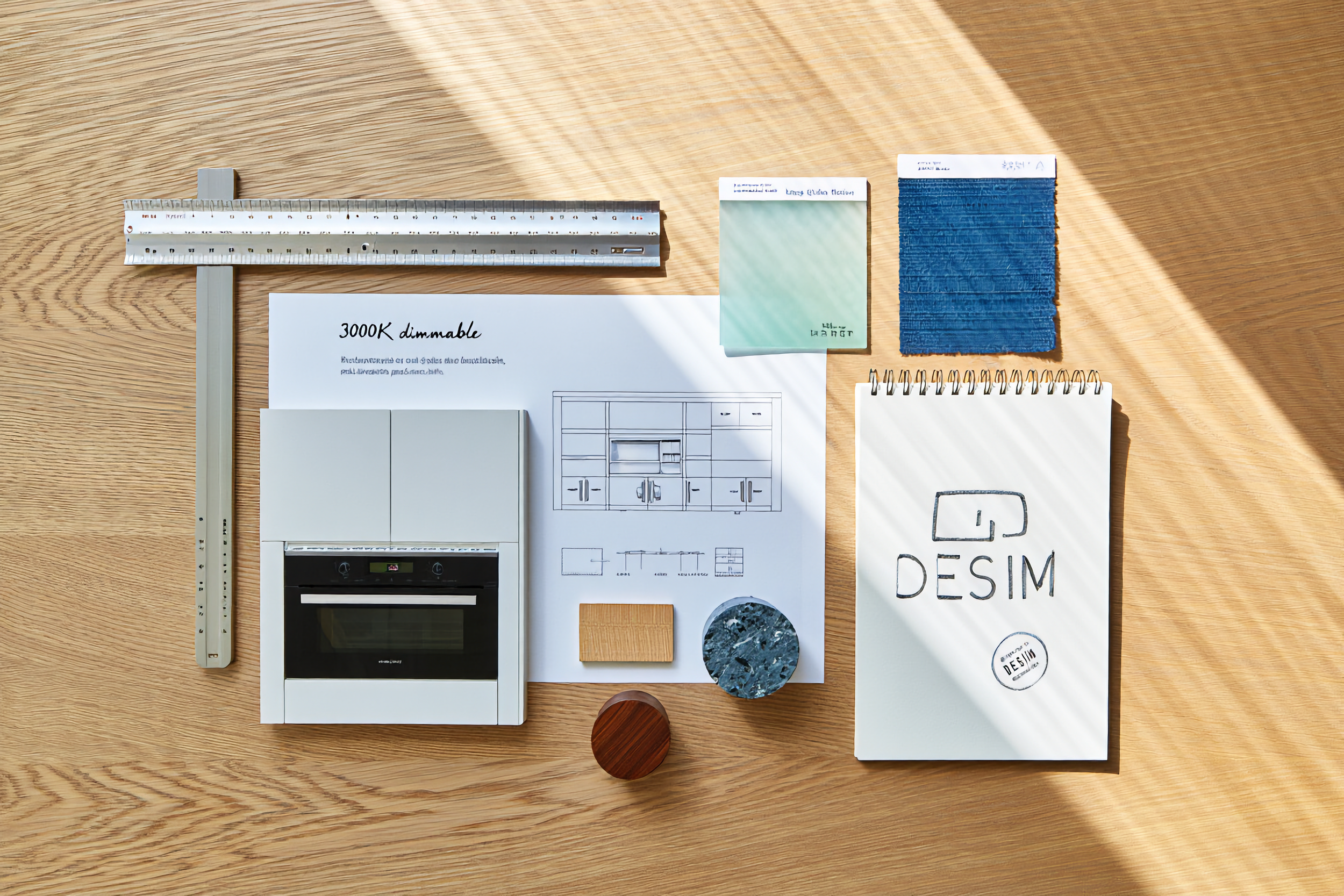Interior design planning materials on a wooden surface, including a ruler, color swatches, a sketch of kitchen cabinets, fabric samples, a notepad with a logo, and small decorative tiles.