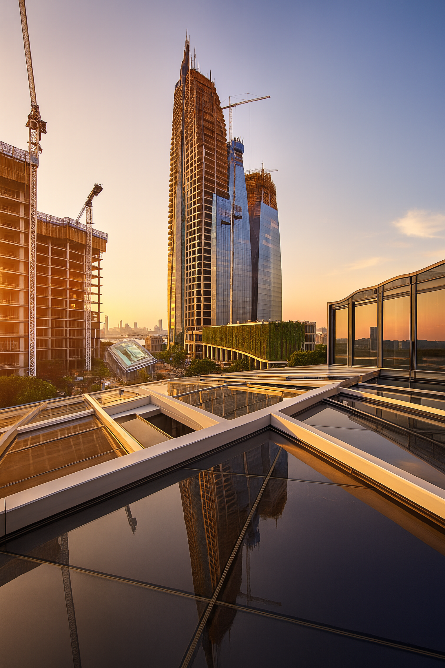 Skyscrapers under construction in a city at sunset, with reflective glass surfaces and cranes.