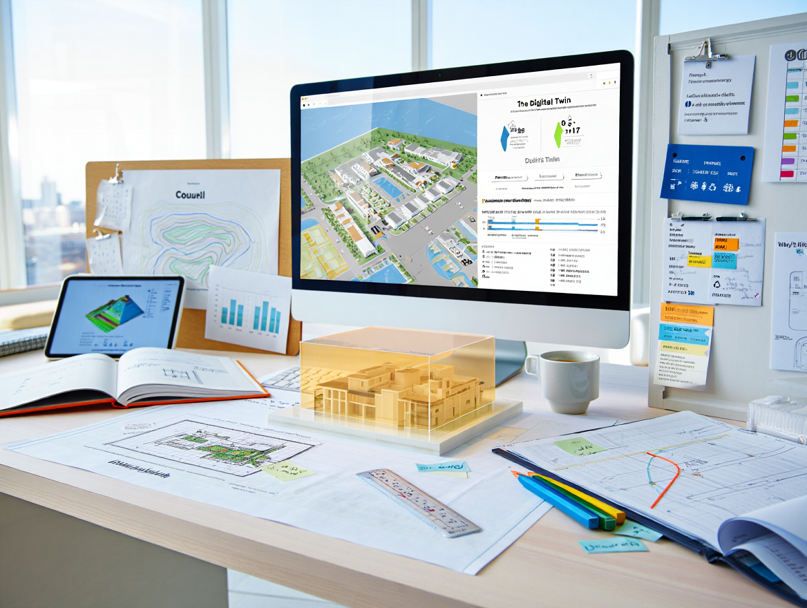 Design and planning workspace with architectural models, blueprints, a computer screen displaying a 3D building layout, charts, diagrams, and notes pinned to a whiteboard and corkboard.