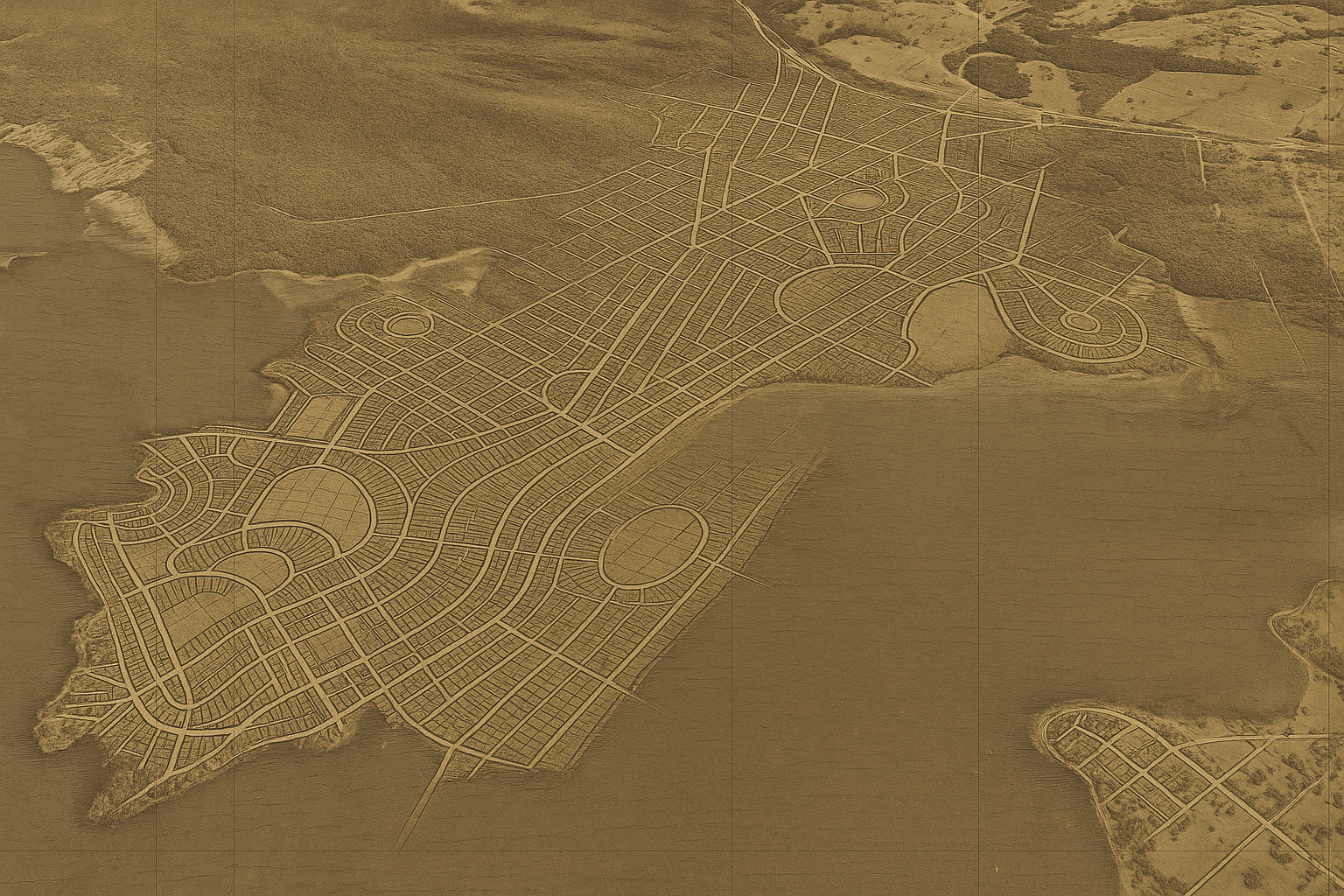 Aerial view of a city or town with a grid layout, roads, and circular features near a body of water, all rendered in a sepia tone.
